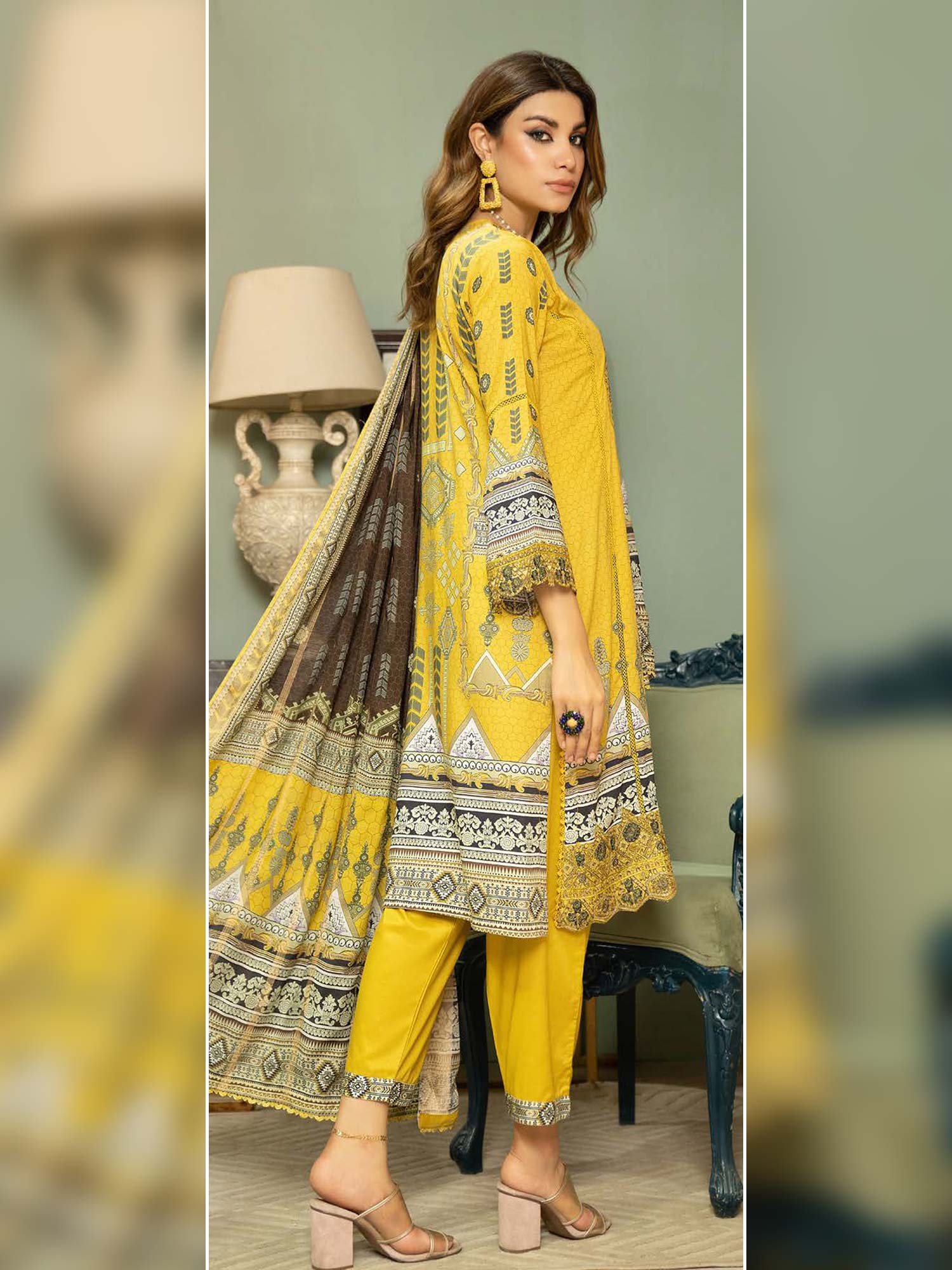 Munira Yellow Linen Digital Print Suit (MSL-07)