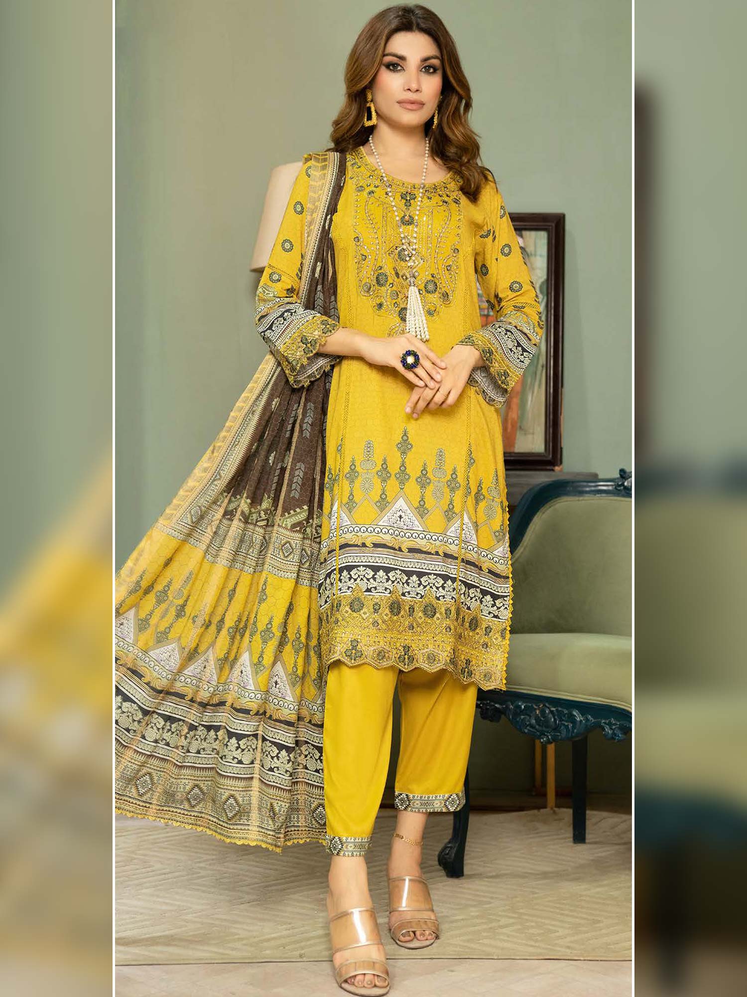 Munira Yellow Linen Digital Print Suit (MSL-07)