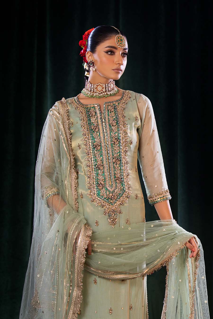 Khuda Baksh Turquoise Pure Masuri Embroidered Suit (P-254)