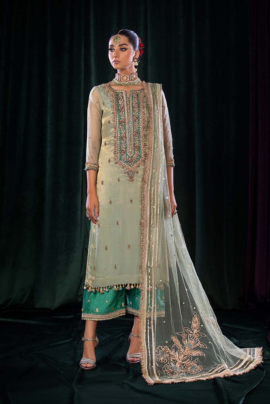 Khuda Baksh Turquoise Pure Masuri Embroidered Suit (P-254)