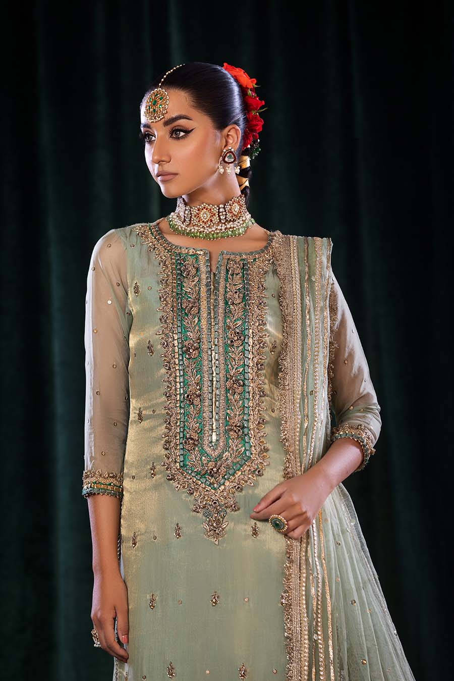 Khuda Baksh Turquoise Pure Masuri Embroidered Suit (P-254)