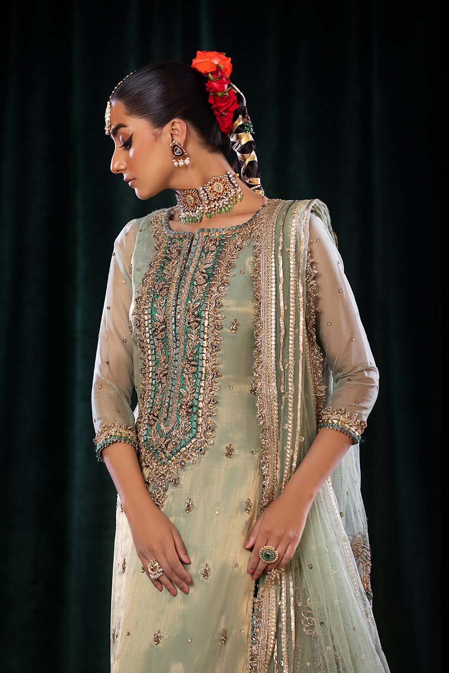 Khuda Baksh Turquoise Pure Masuri Embroidered Suit (P-254)