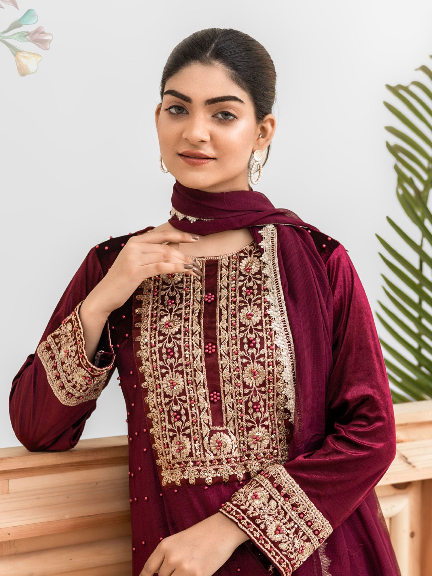 Rangz Dark Red Velvet Embroidered 3-Piece Suit