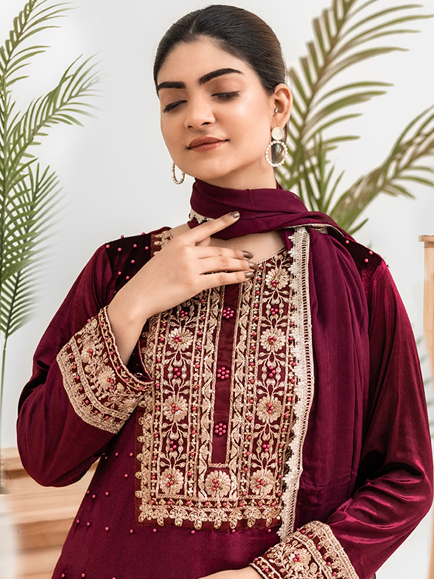 Rangz Dark Red Velvet Embroidered 3-Piece Suit