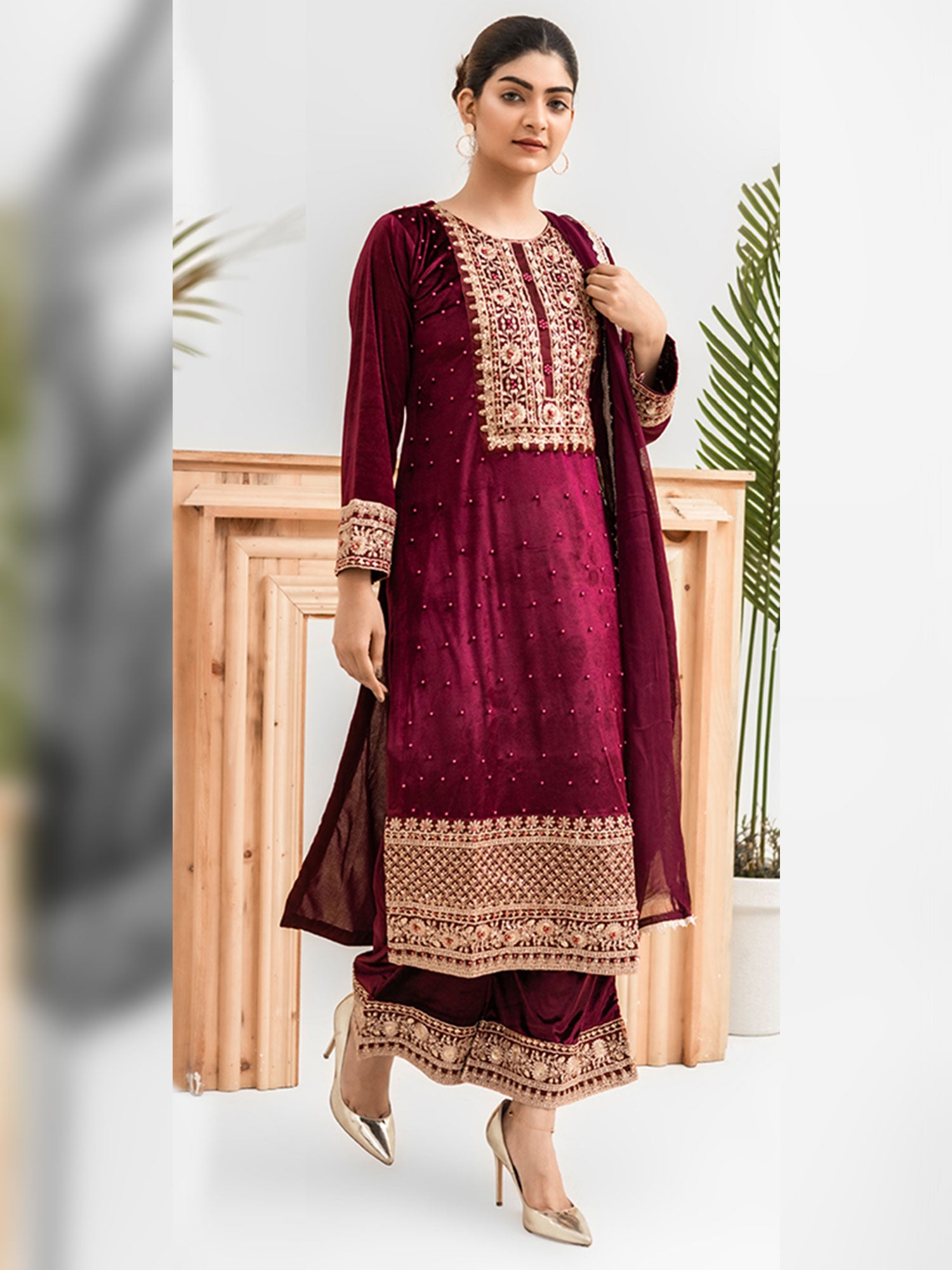 Rangz Dark Red Velvet Embroidered 3-Piece Suit