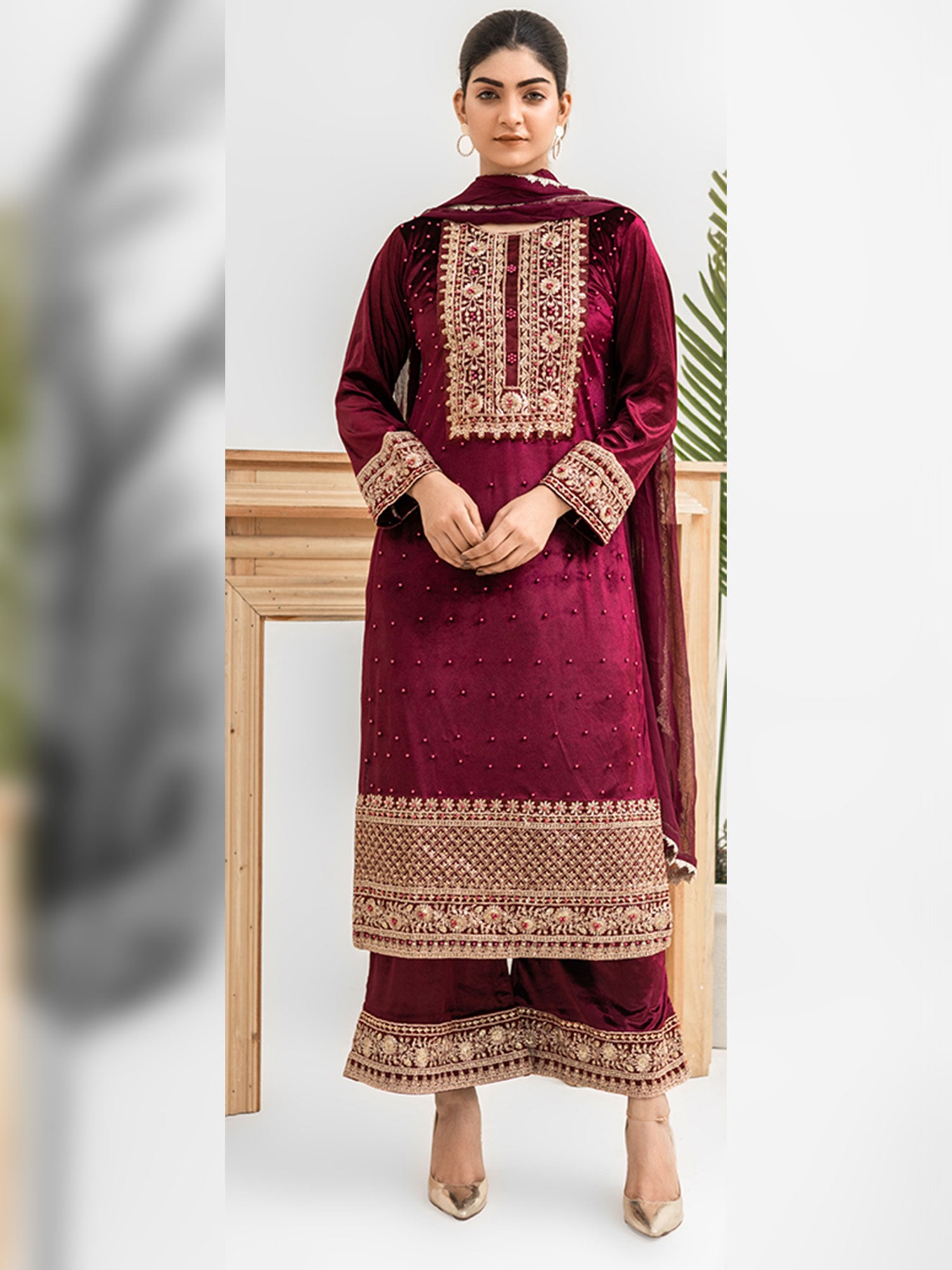 Rangz Dark Red Velvet Embroidered 3-Piece Suit