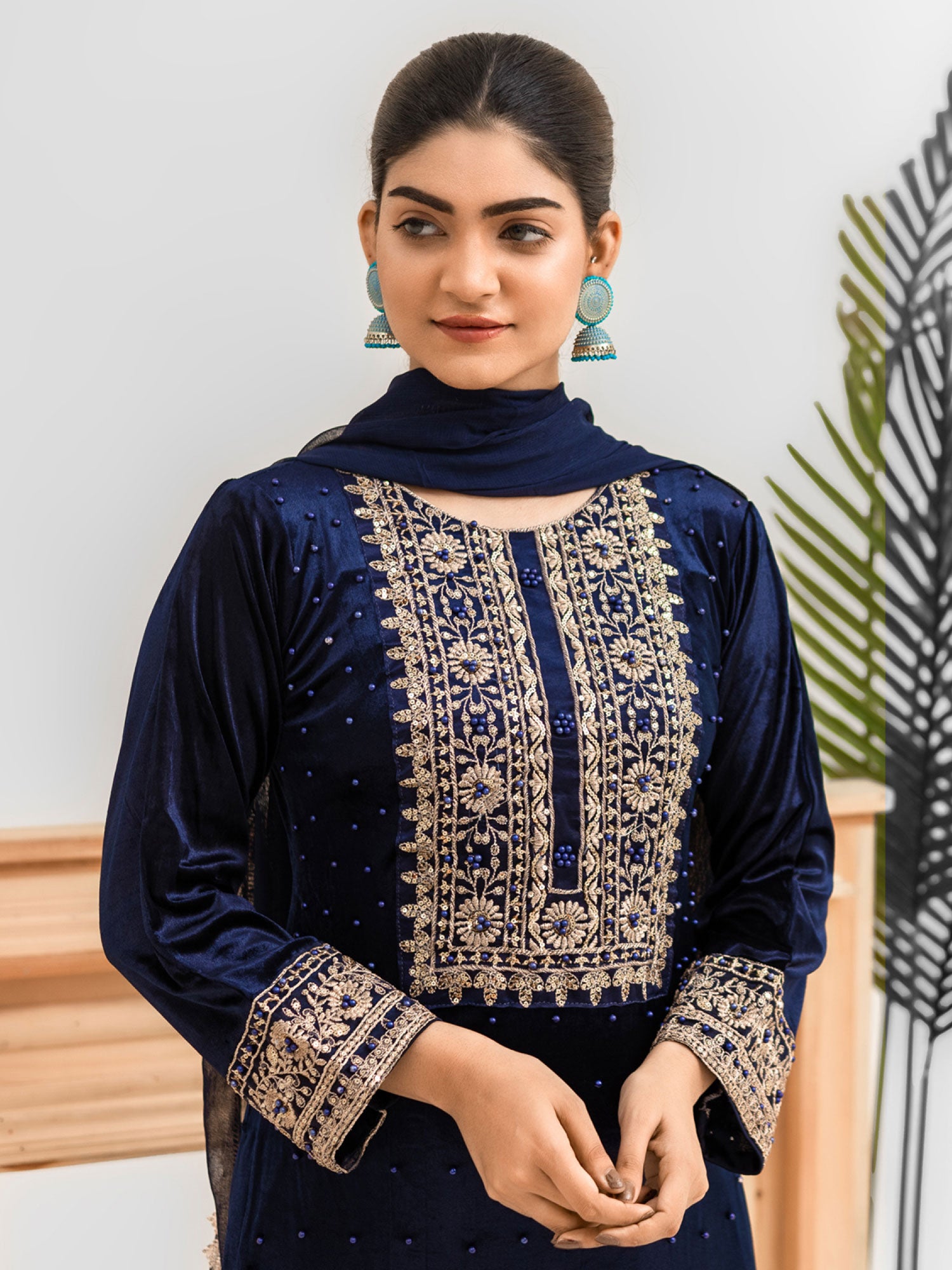 Rangz Blue Velvet Embroidered 3-Piece Suit