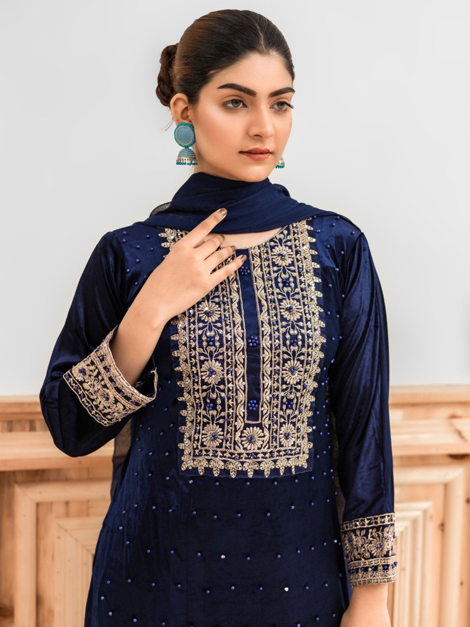 Rangz Blue Velvet Embroidered 3-Piece Suit