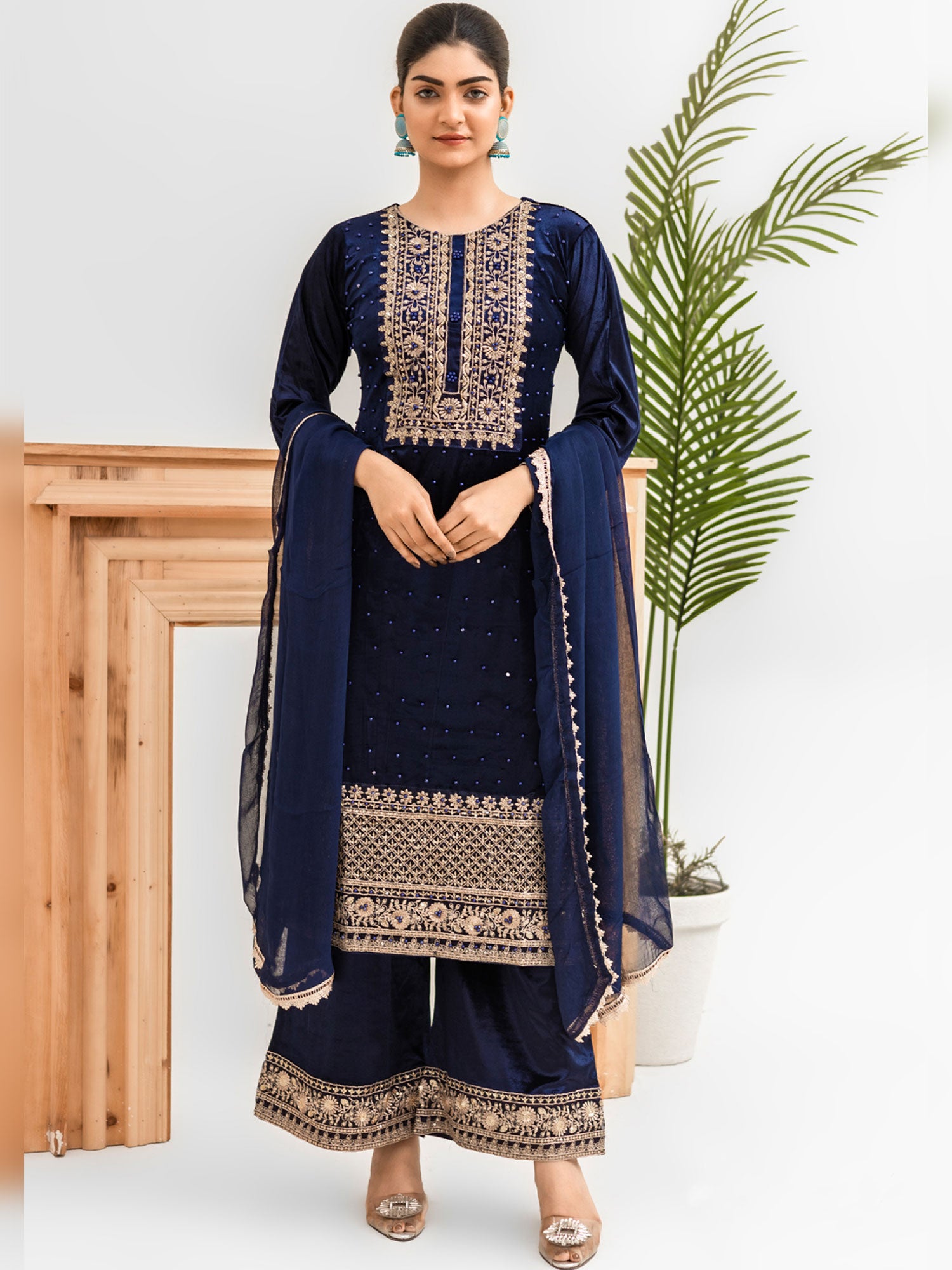 Rangz Blue Velvet Embroidered 3-Piece Suit