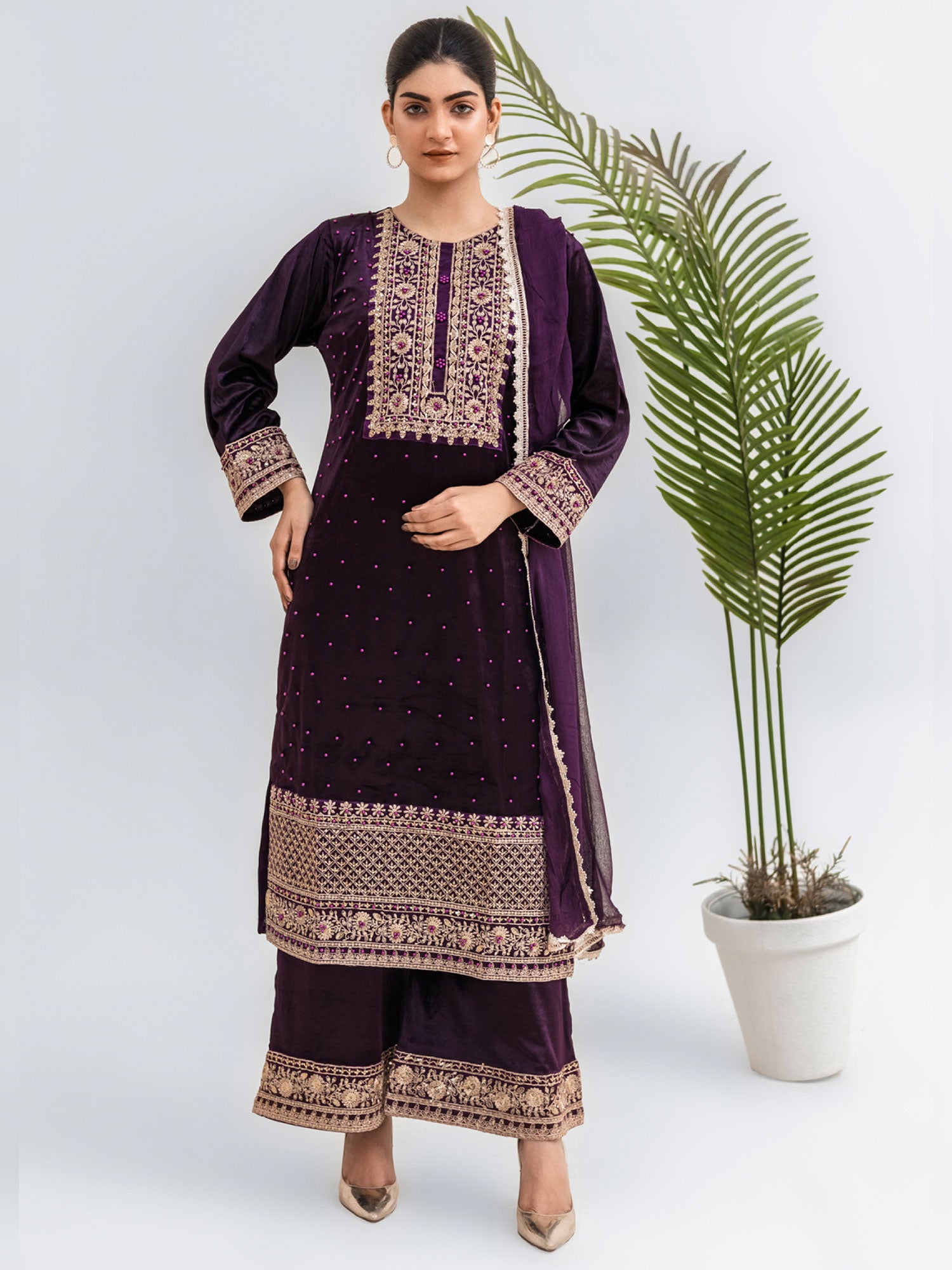 Rangz Plum Velvet Embroidered 3-Piece Suit