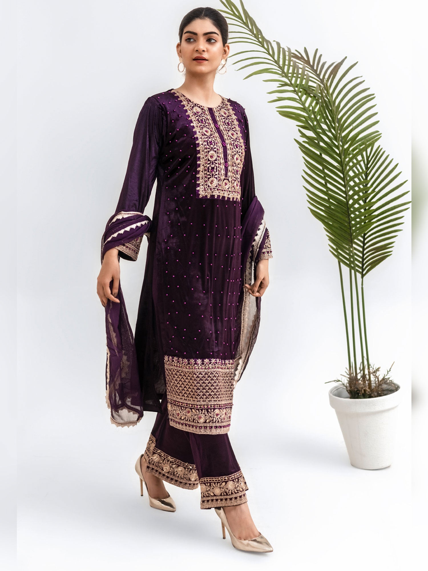 Rangz Plum Velvet Embroidered 3-Piece Suit