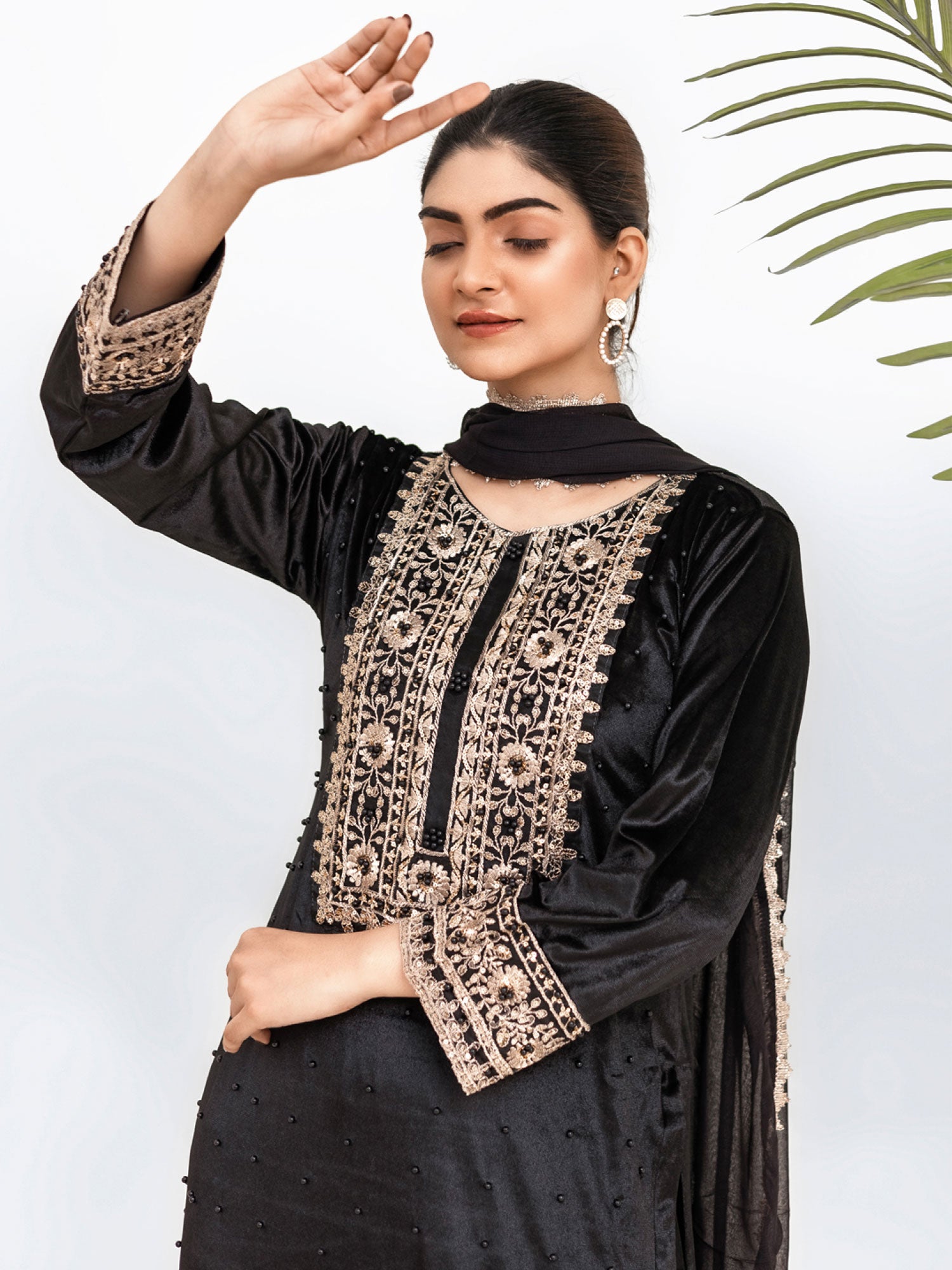 Rangz Black Velvet Embroidered 3-Piece Suit