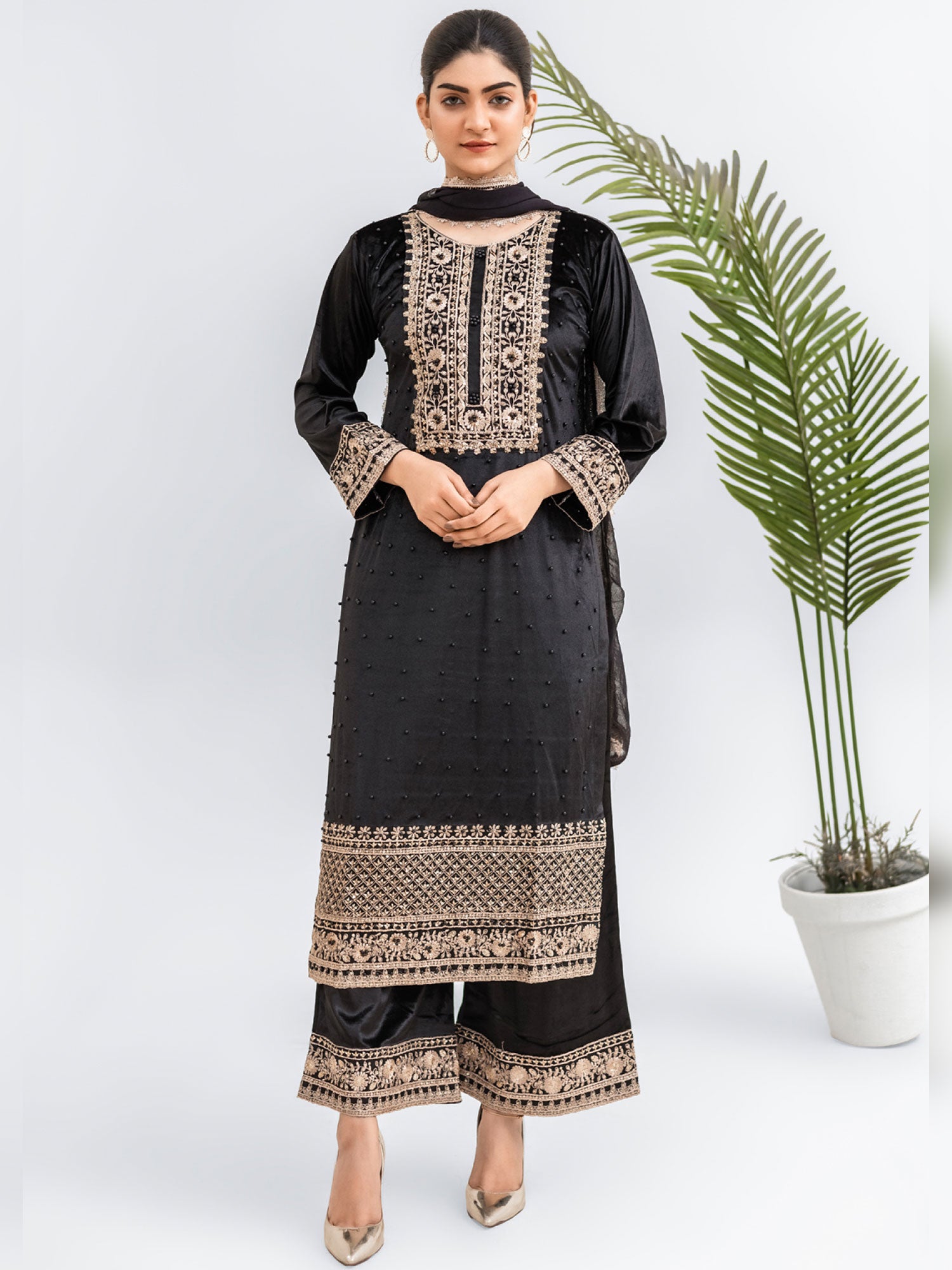 Rangz Black Velvet Embroidered 3-Piece Suit