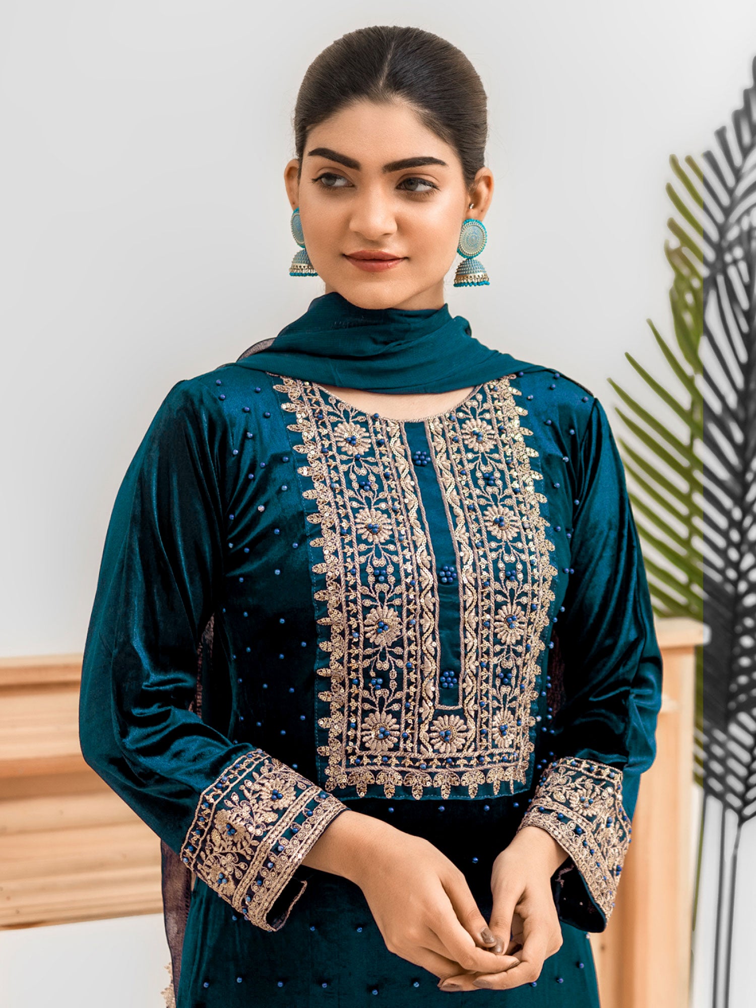 Rangz Teal Velvet Embroidered 3-Piece Suit