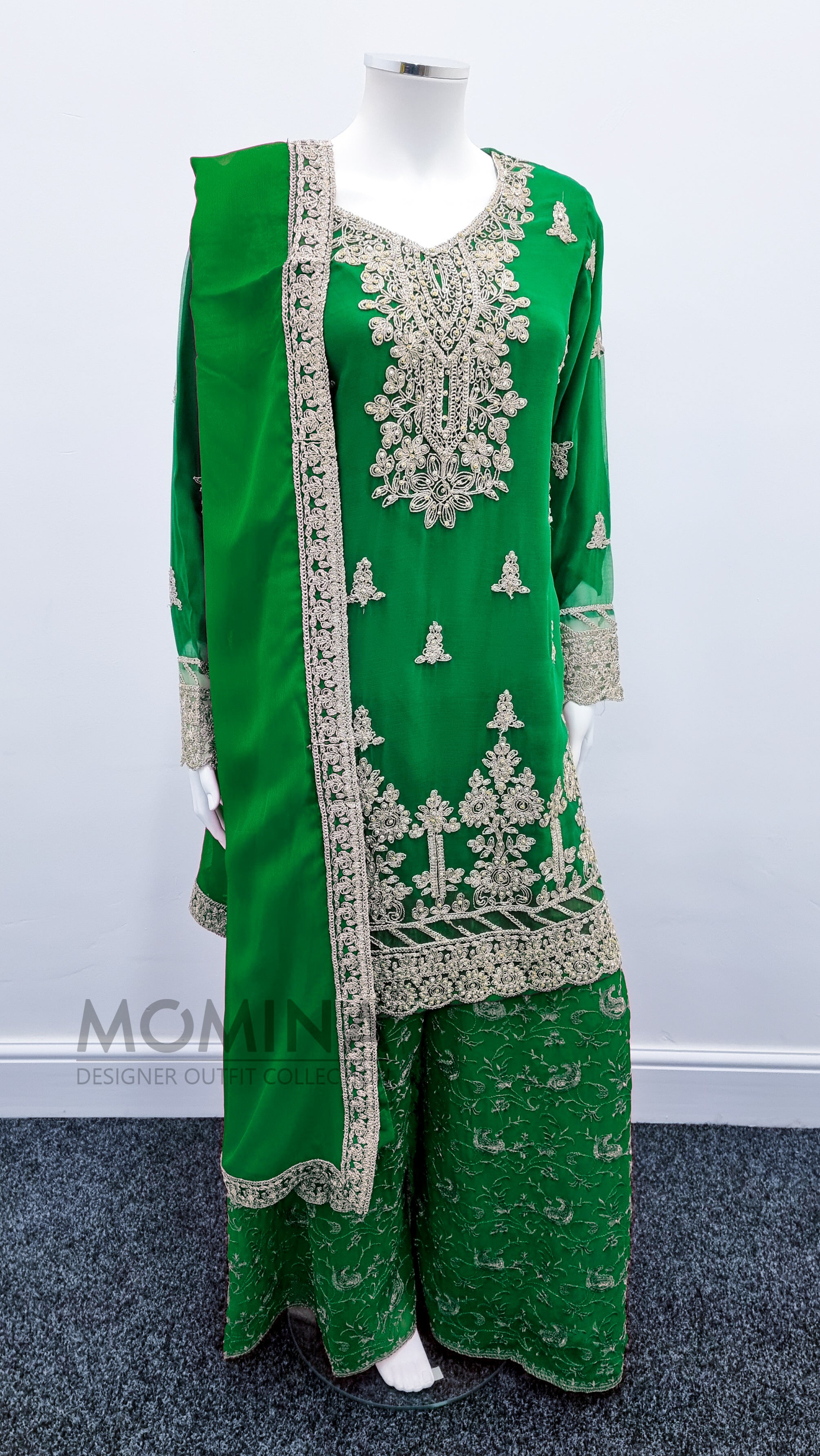 Green Embroidered Chiffon Palazzo Suit