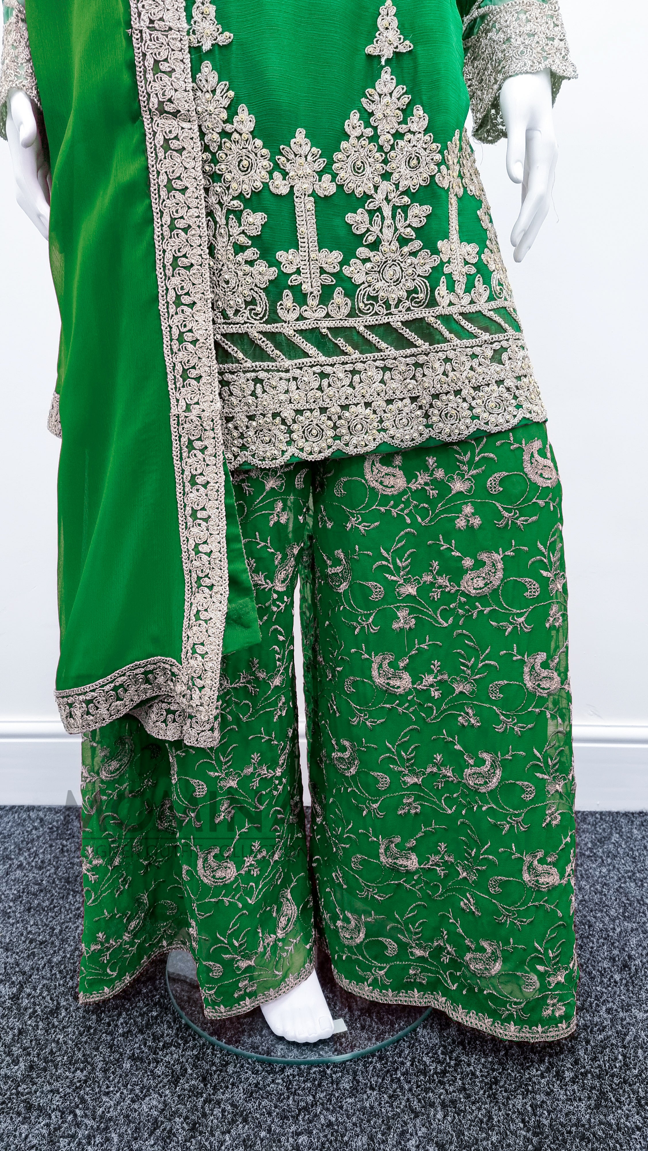 Green Embroidered Chiffon Palazzo Suit