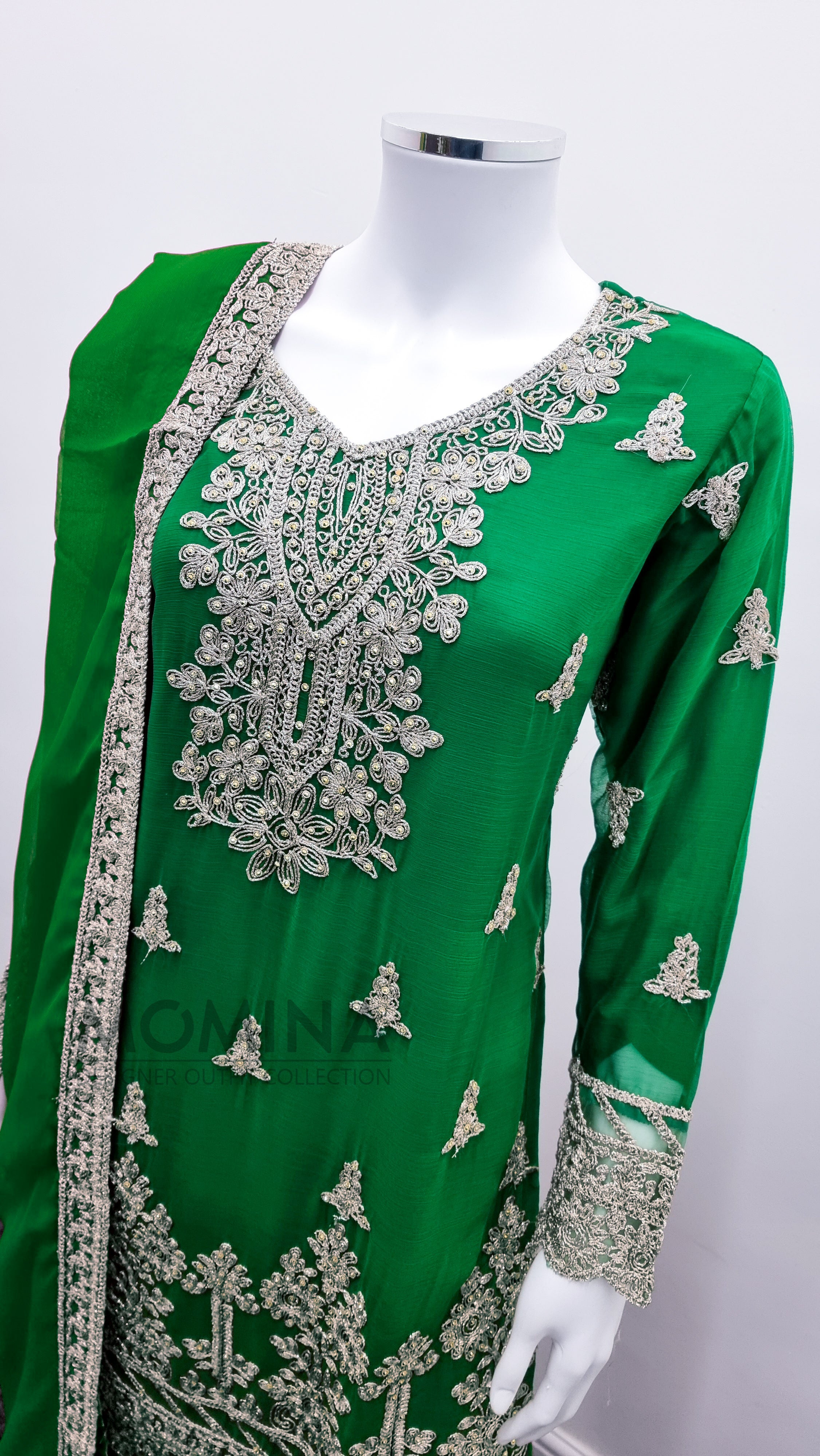 Green Embroidered Chiffon Palazzo Suit