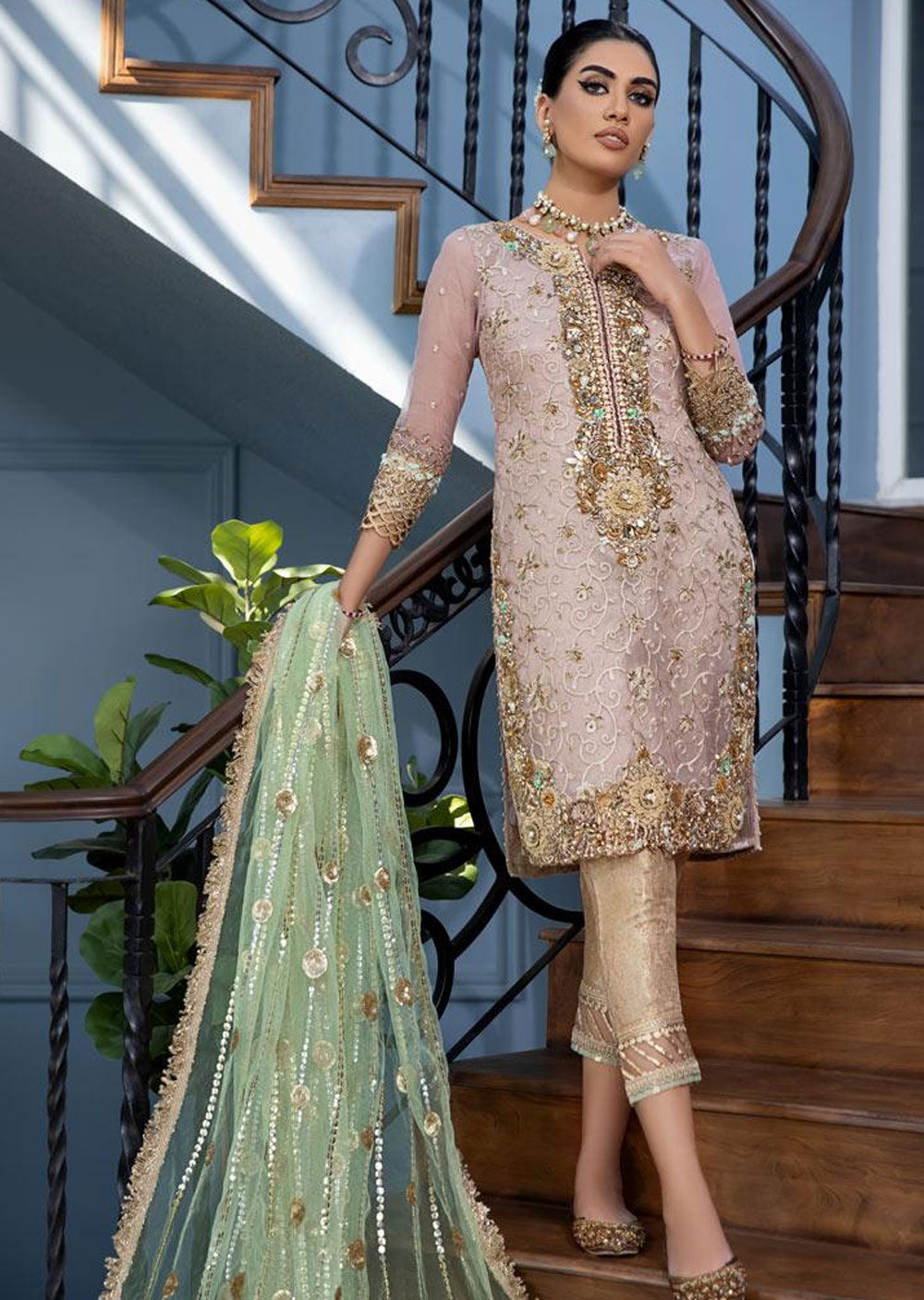 Khuda Baksh Rose Gold Pure Organza Suit (P-221)