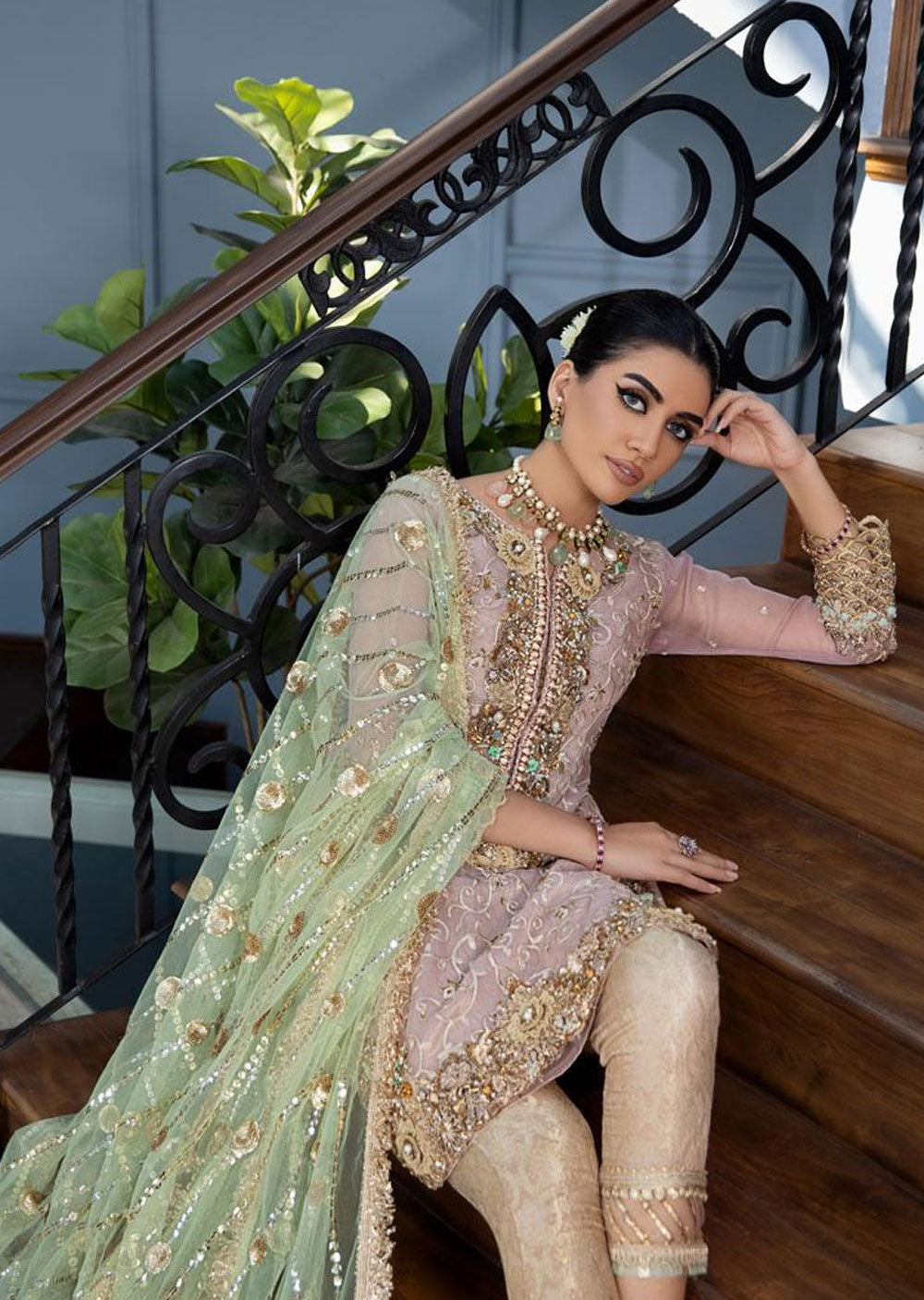 Khuda Baksh Rose Gold Pure Organza Suit (P-221)