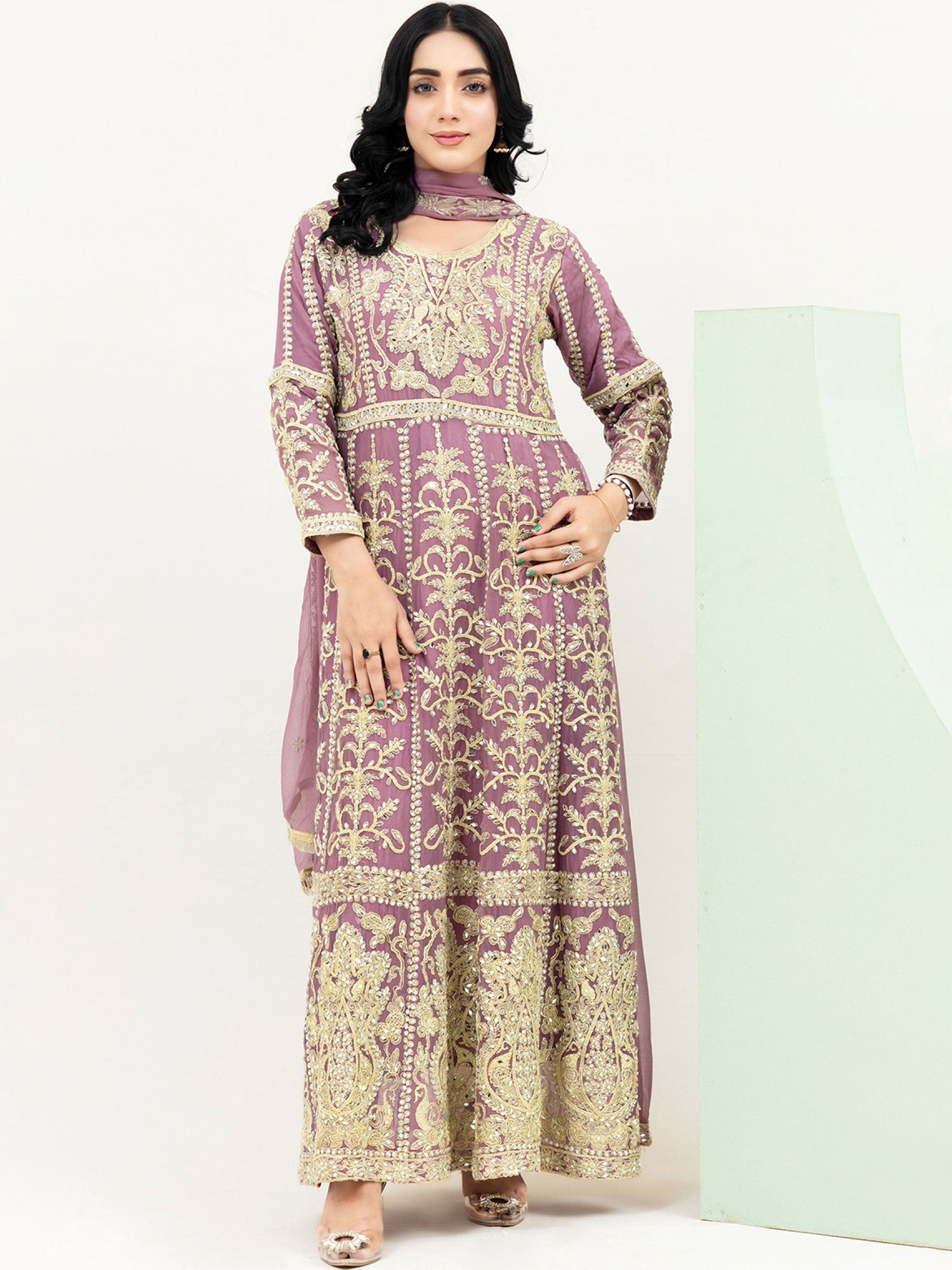 Rangz Dusky Pink Chiffon Luxury Embroidered 3-Piece Maxi Suit