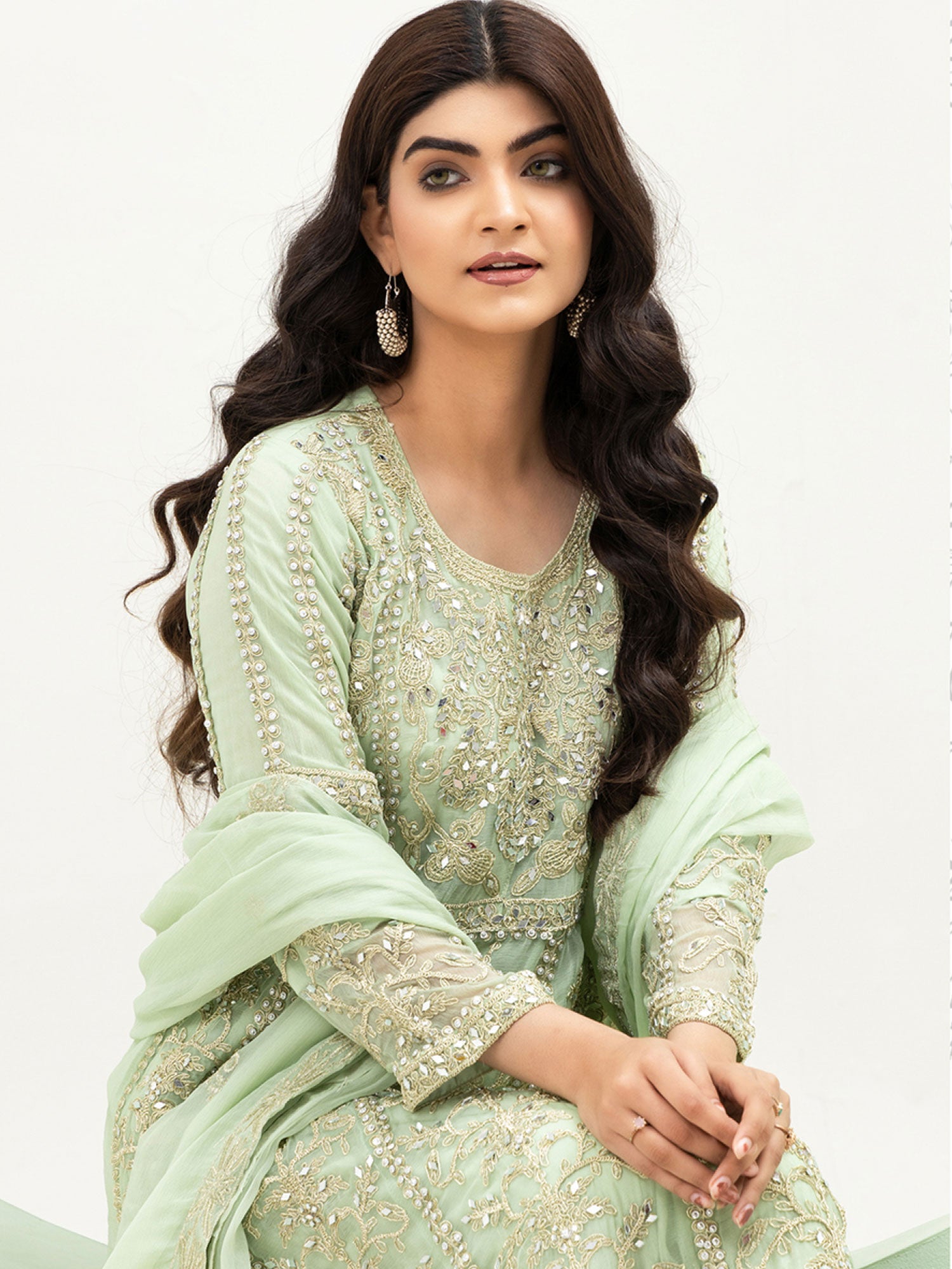 Rangz Green Chiffon Luxury Embroidered 3-Piece Maxi Suit