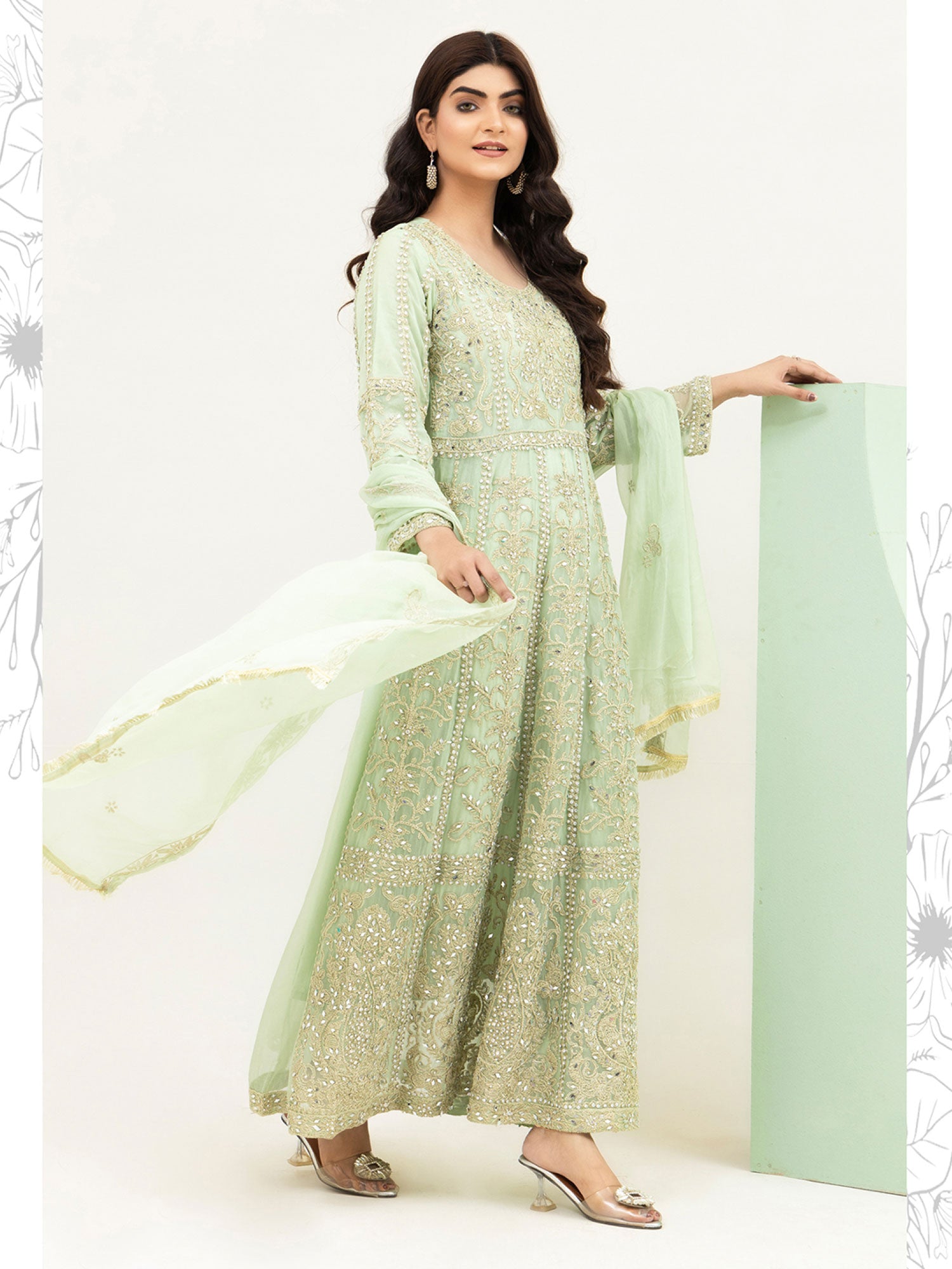 Rangz Green Chiffon Luxury Embroidered 3-Piece Maxi Suit