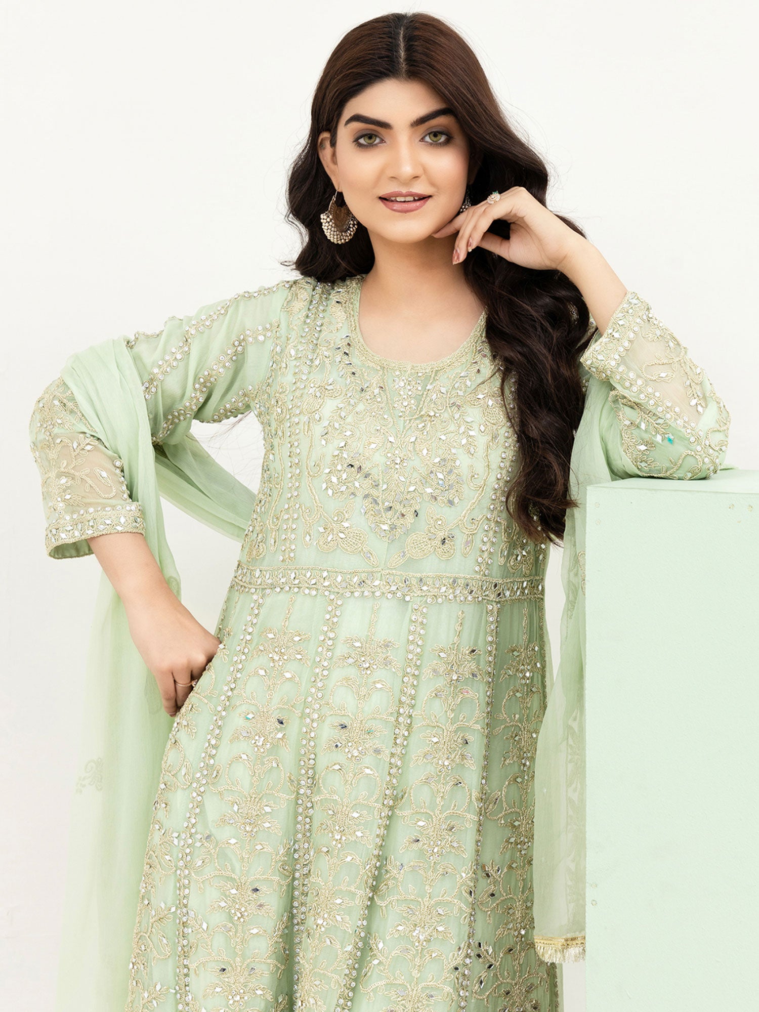 Rangz Green Chiffon Luxury Embroidered 3-Piece Maxi Suit