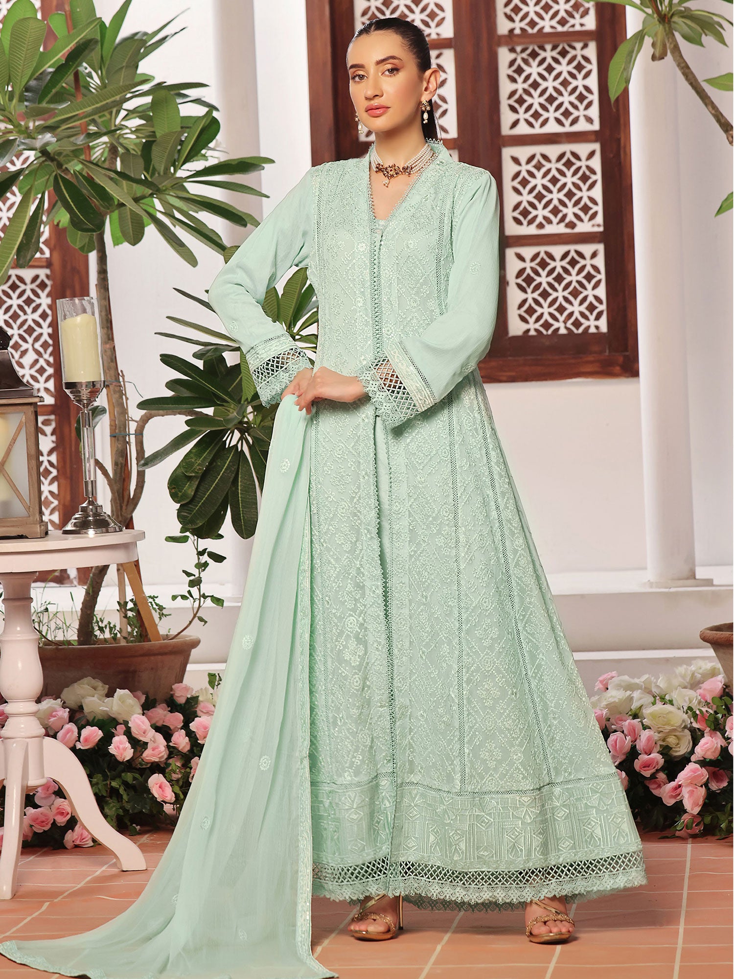 Wardah Uzair "Dil Ruba" Luxury Embroidered Chiffon Gown Suit - Sahil