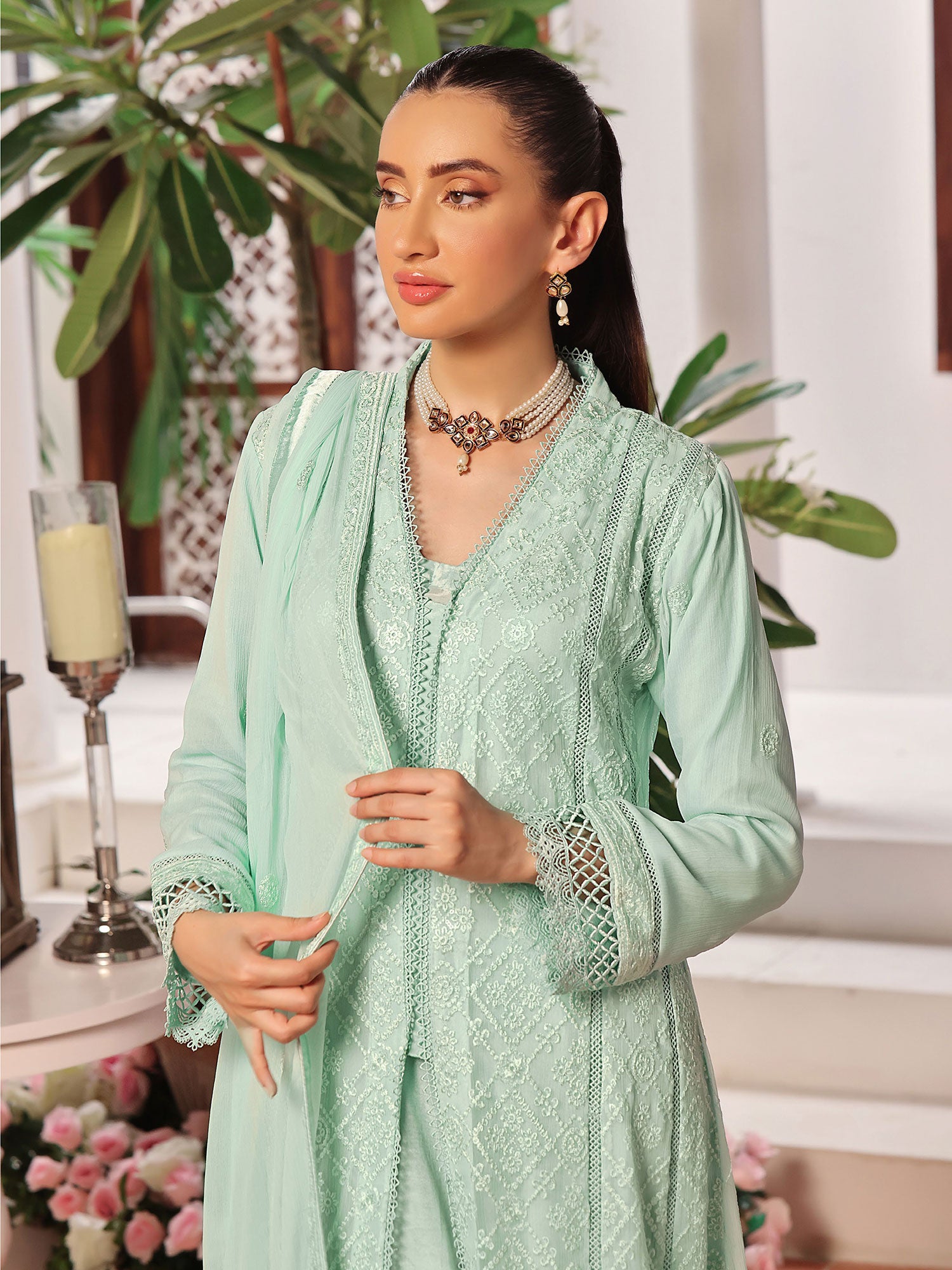 Wardah Uzair "Dil Ruba" Luxury Embroidered Chiffon Gown Suit - Sahil