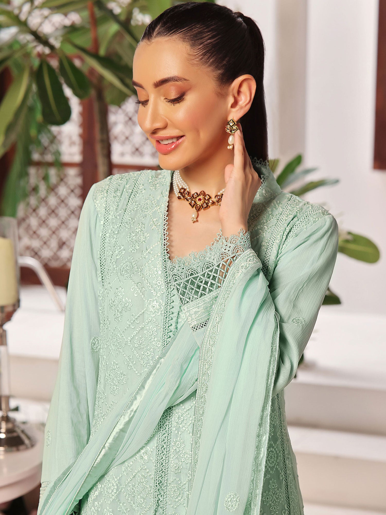 Wardah Uzair "Dil Ruba" Luxury Embroidered Chiffon Gown Suit - Sahil