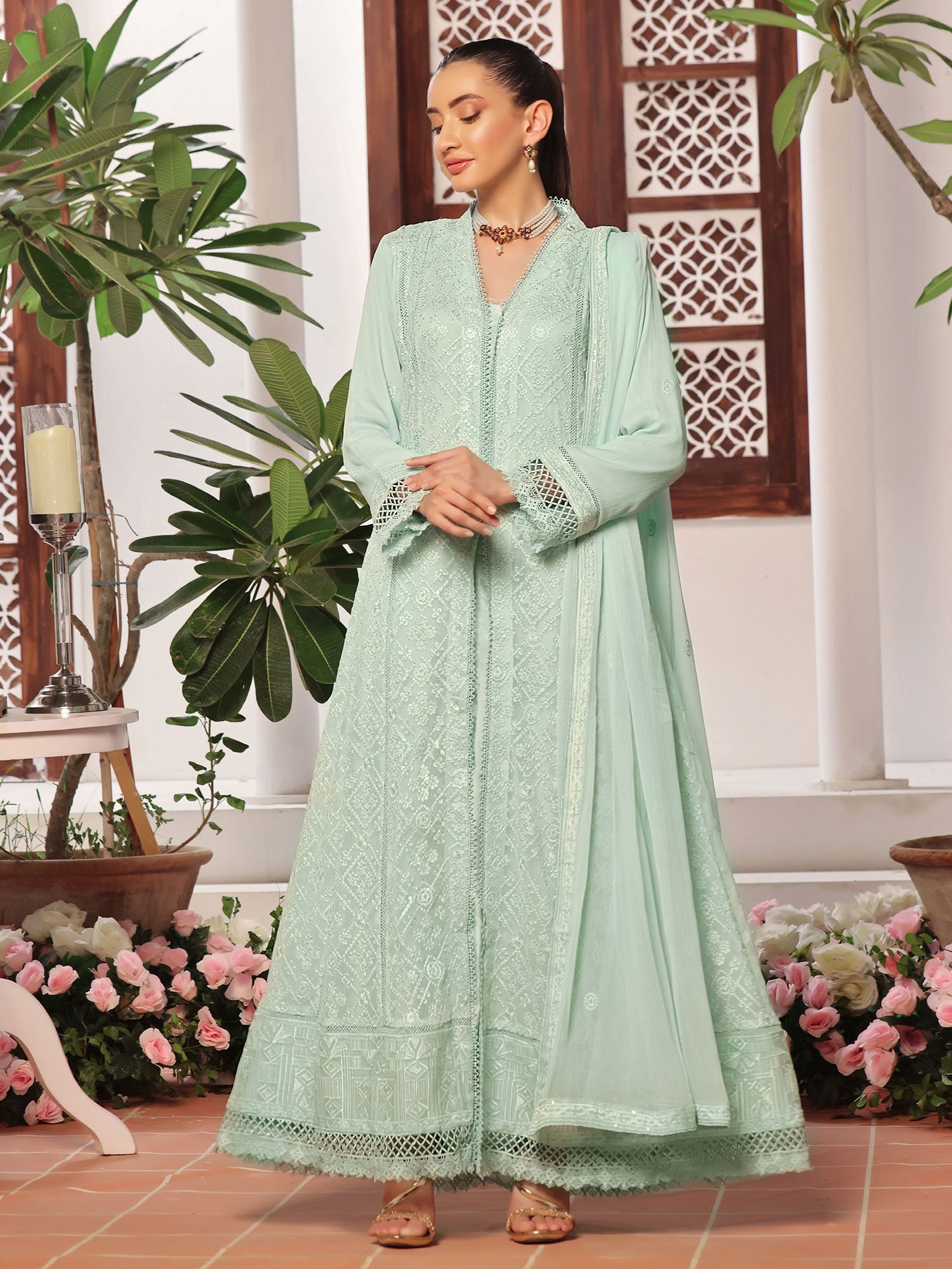 Wardah Uzair "Dil Ruba" Luxury Embroidered Chiffon Gown Suit - Sahil