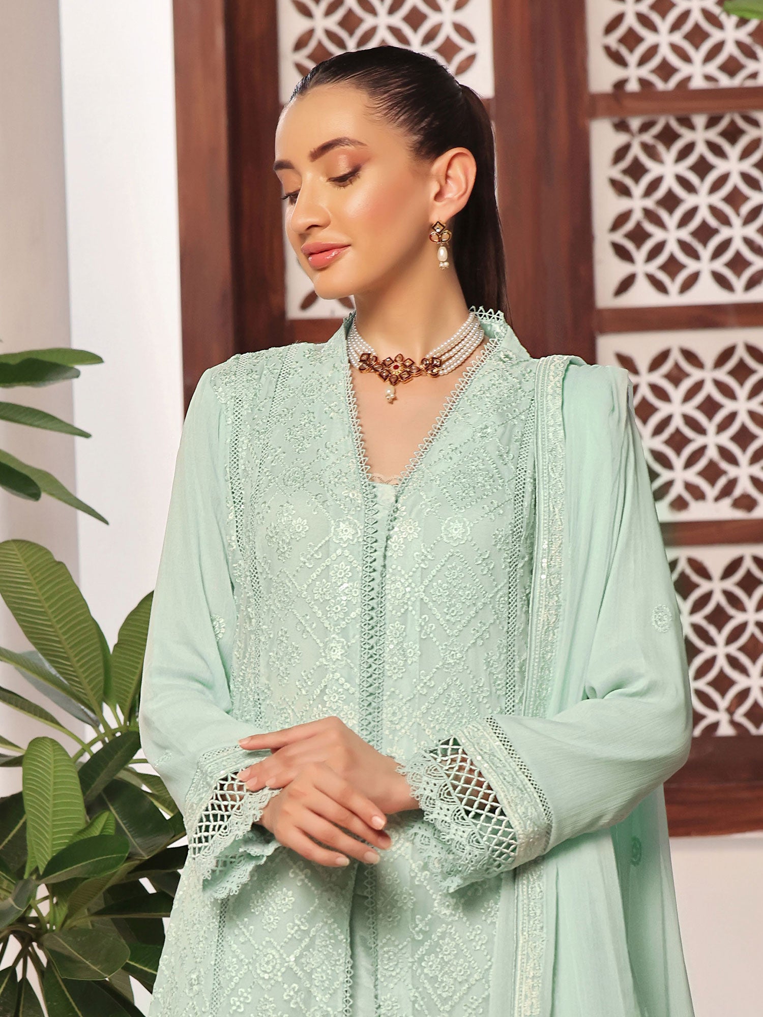 Wardah Uzair "Dil Ruba" Luxury Embroidered Chiffon Gown Suit - Sahil