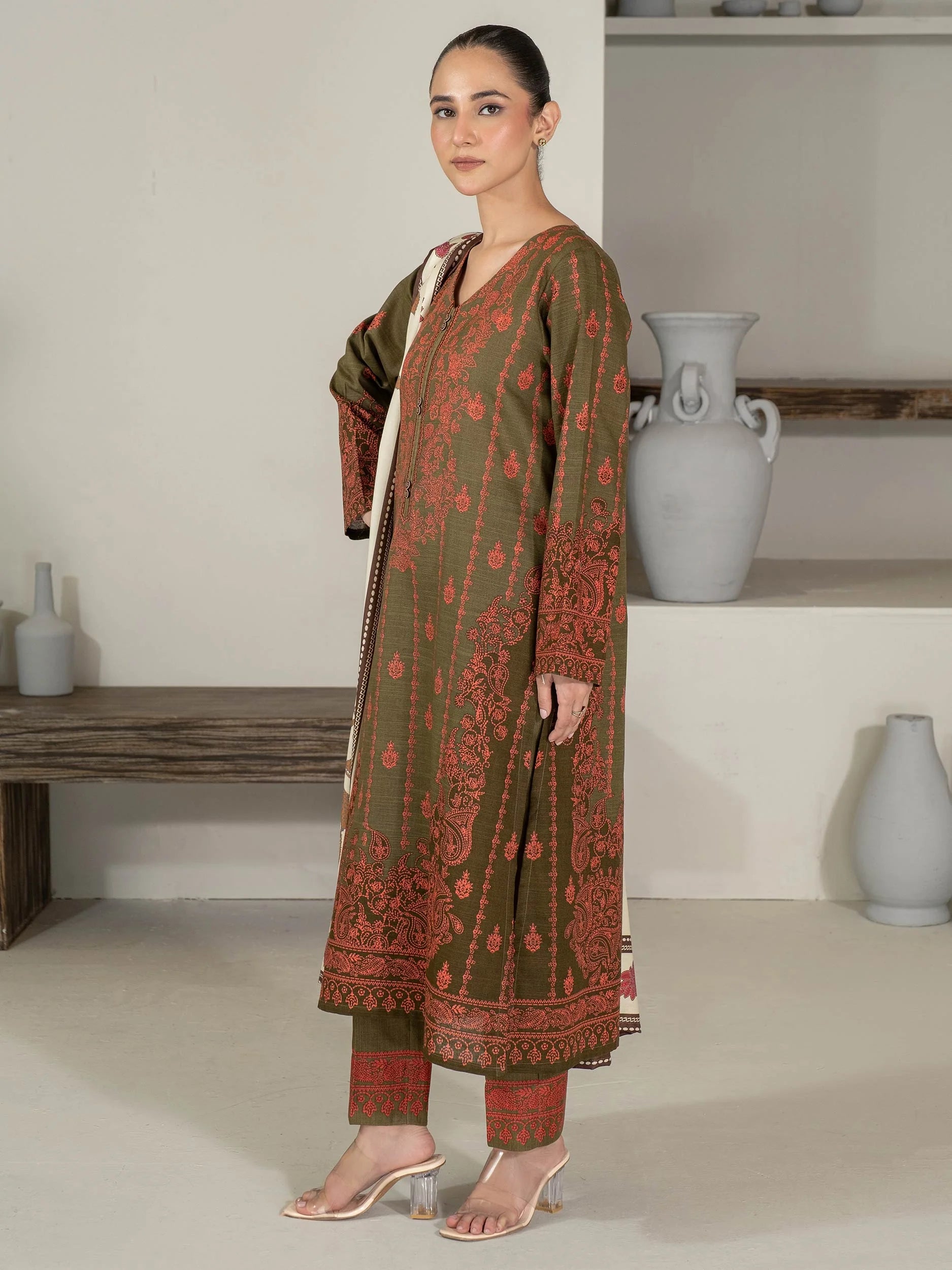 Limelight Unstitched Khaddar 3-Piece Suit - Brown