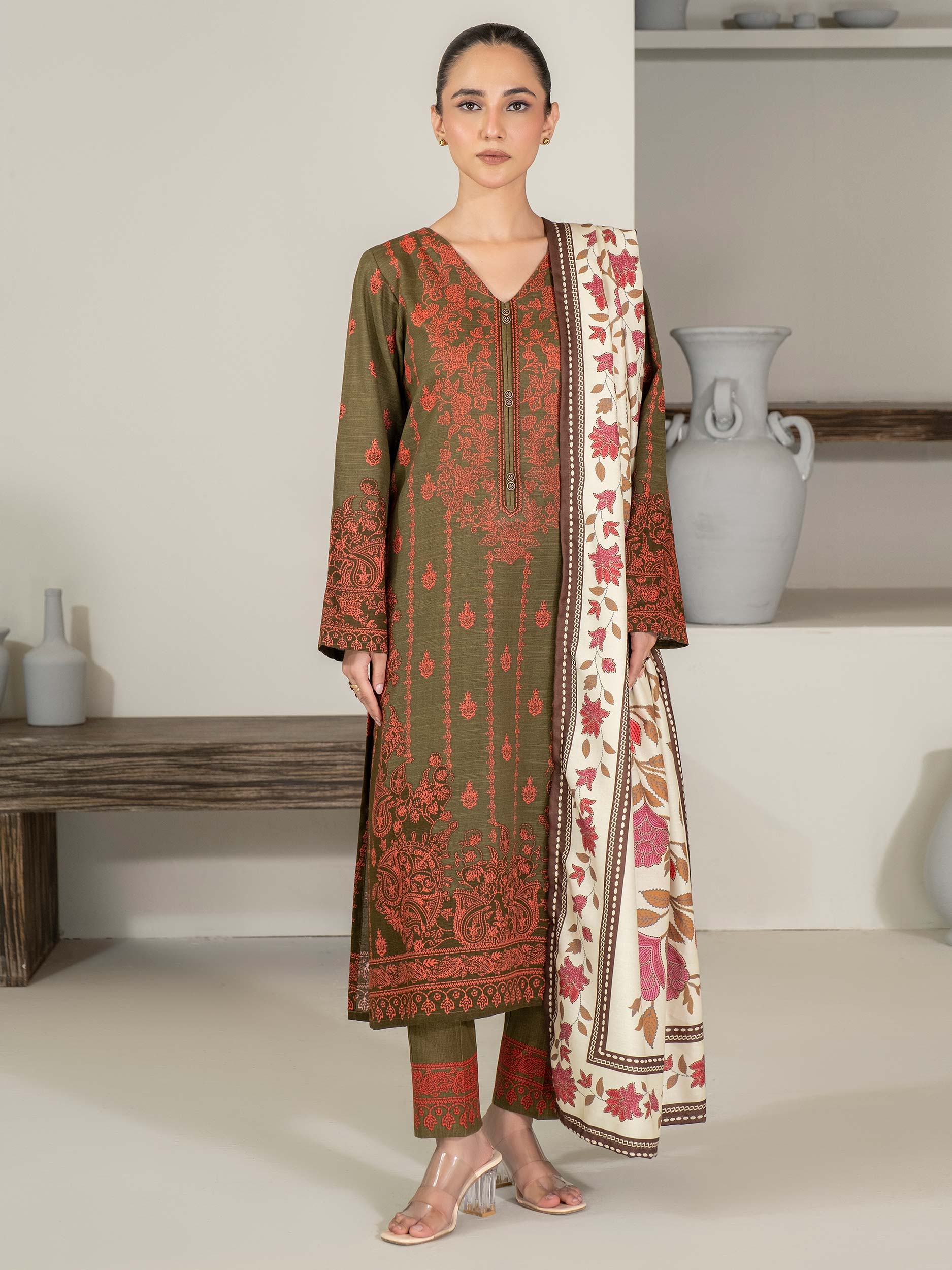 Limelight Unstitched Khaddar 3-Piece Suit - Brown