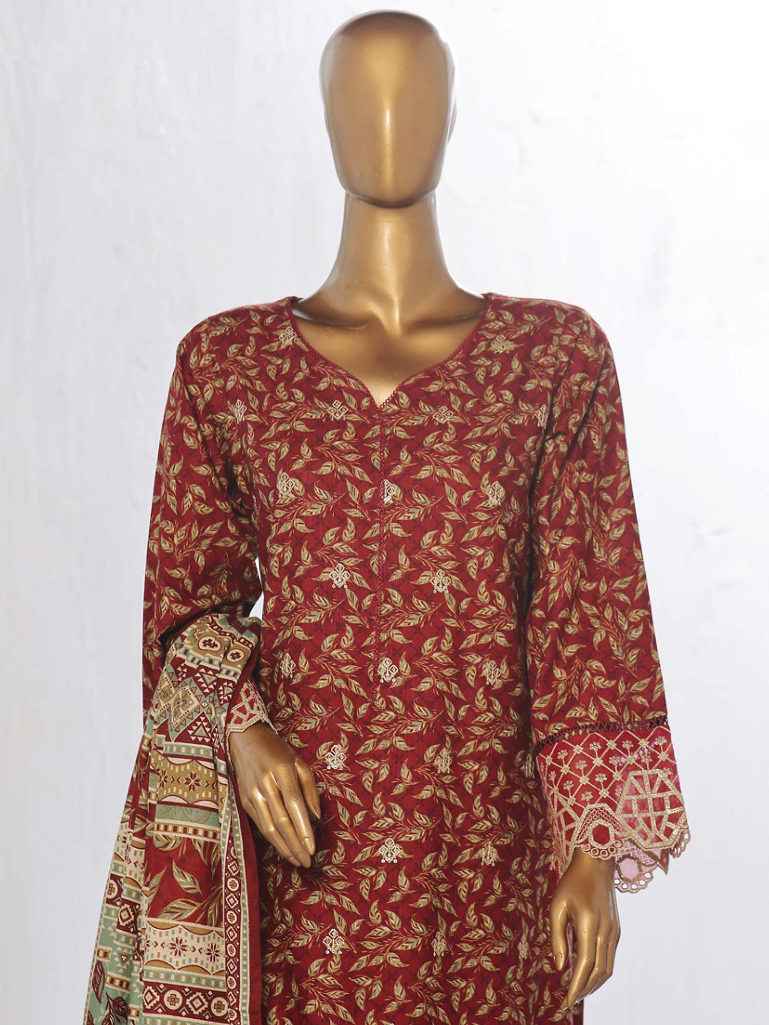 Bin Saeed Chikankari Embroidered Winter Khaddar Suit - Maroon