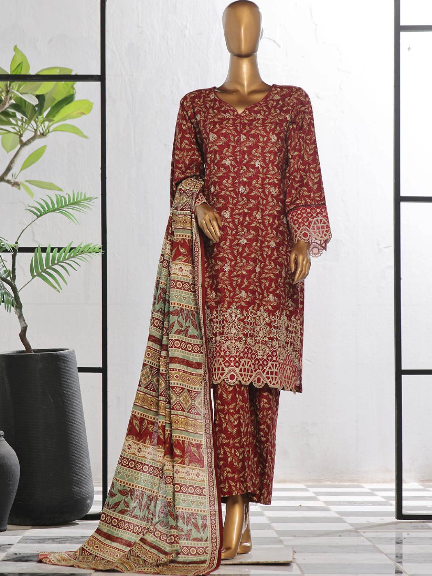 Bin Saeed Chikankari Embroidered Winter Khaddar Suit - Maroon