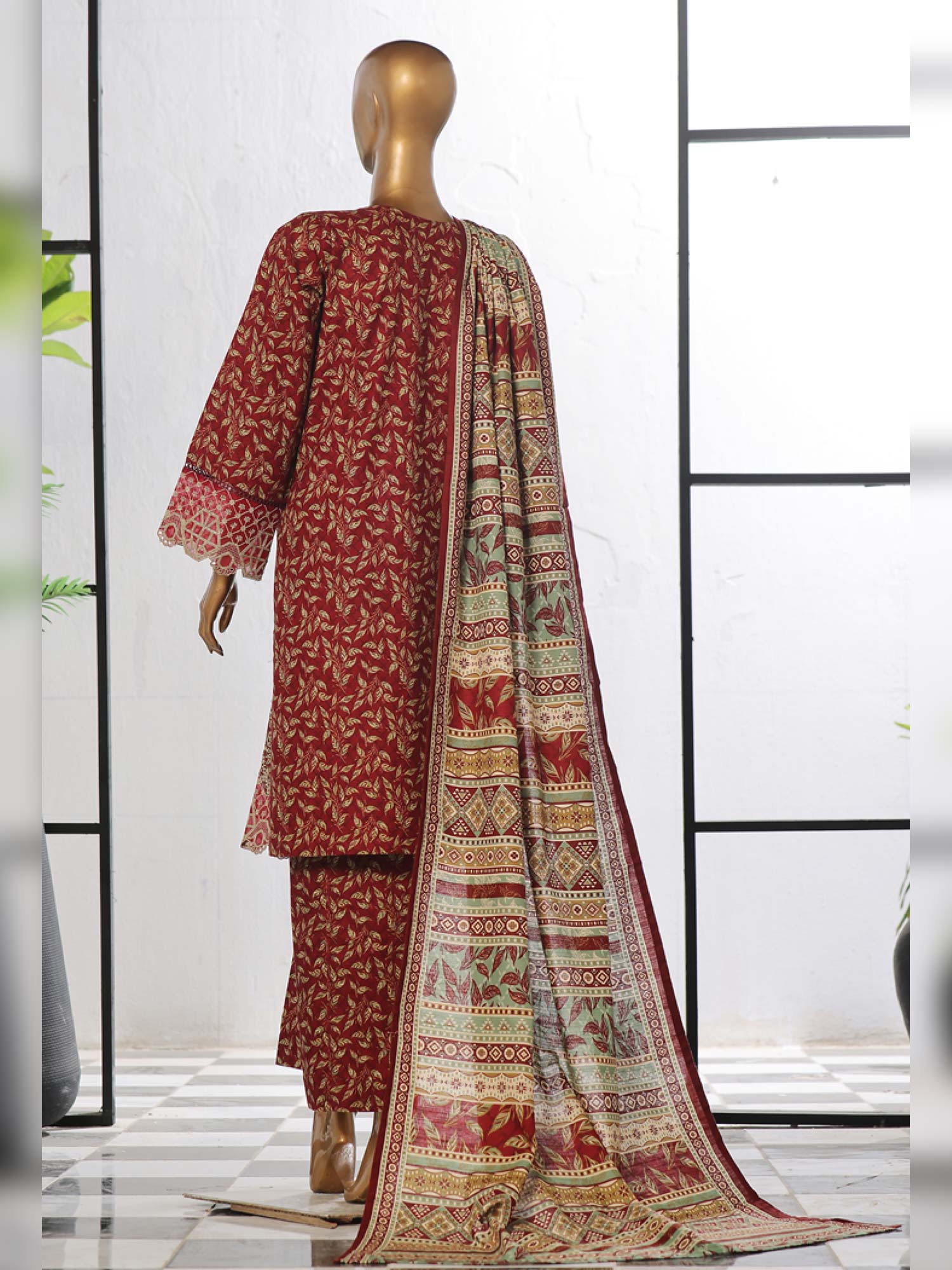 Bin Saeed Chikankari Embroidered Winter Khaddar Suit - Maroon