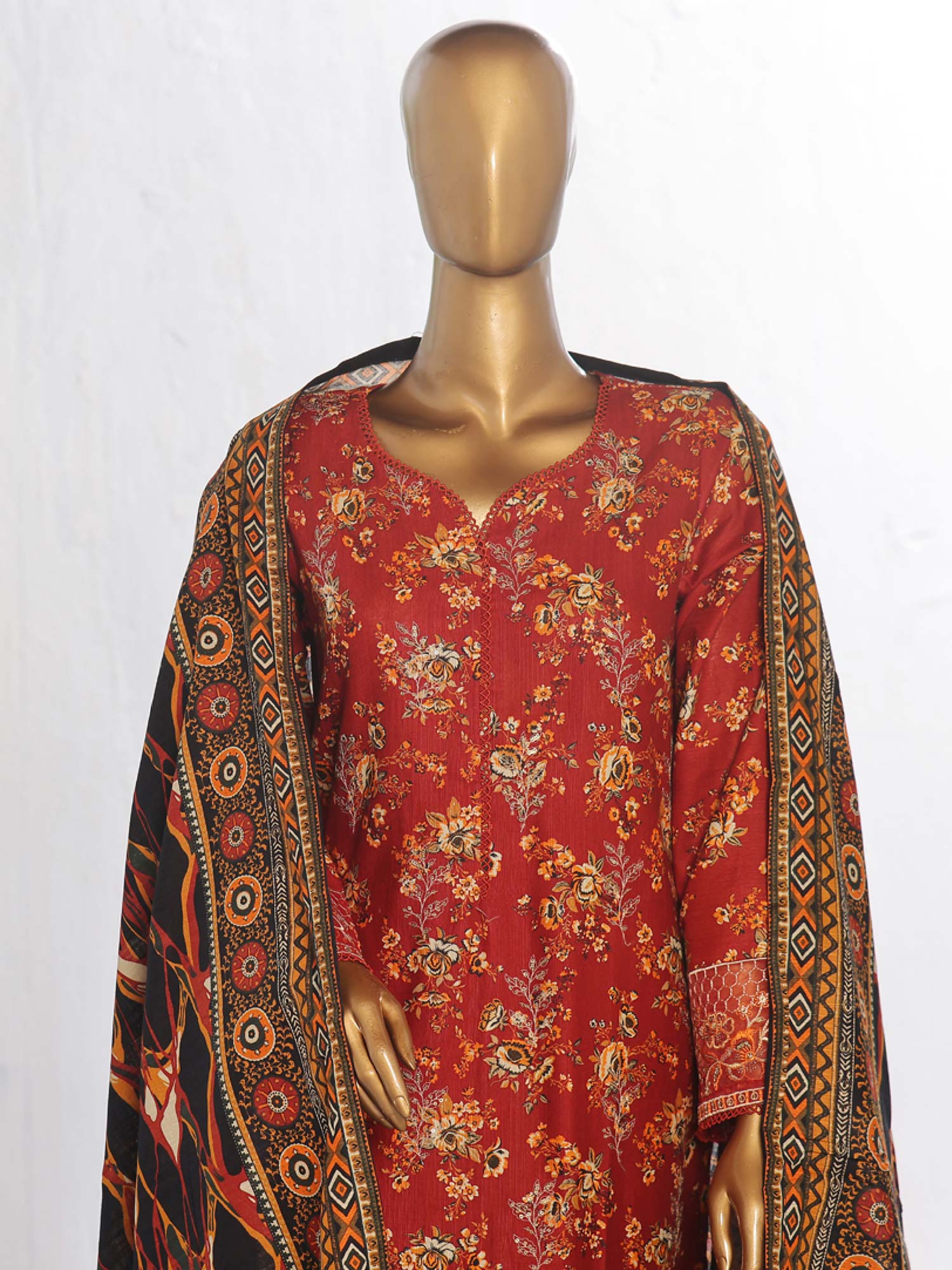 Bin Saeed Chikankari Embroidered Winter Khaddar Suit - Rust Red