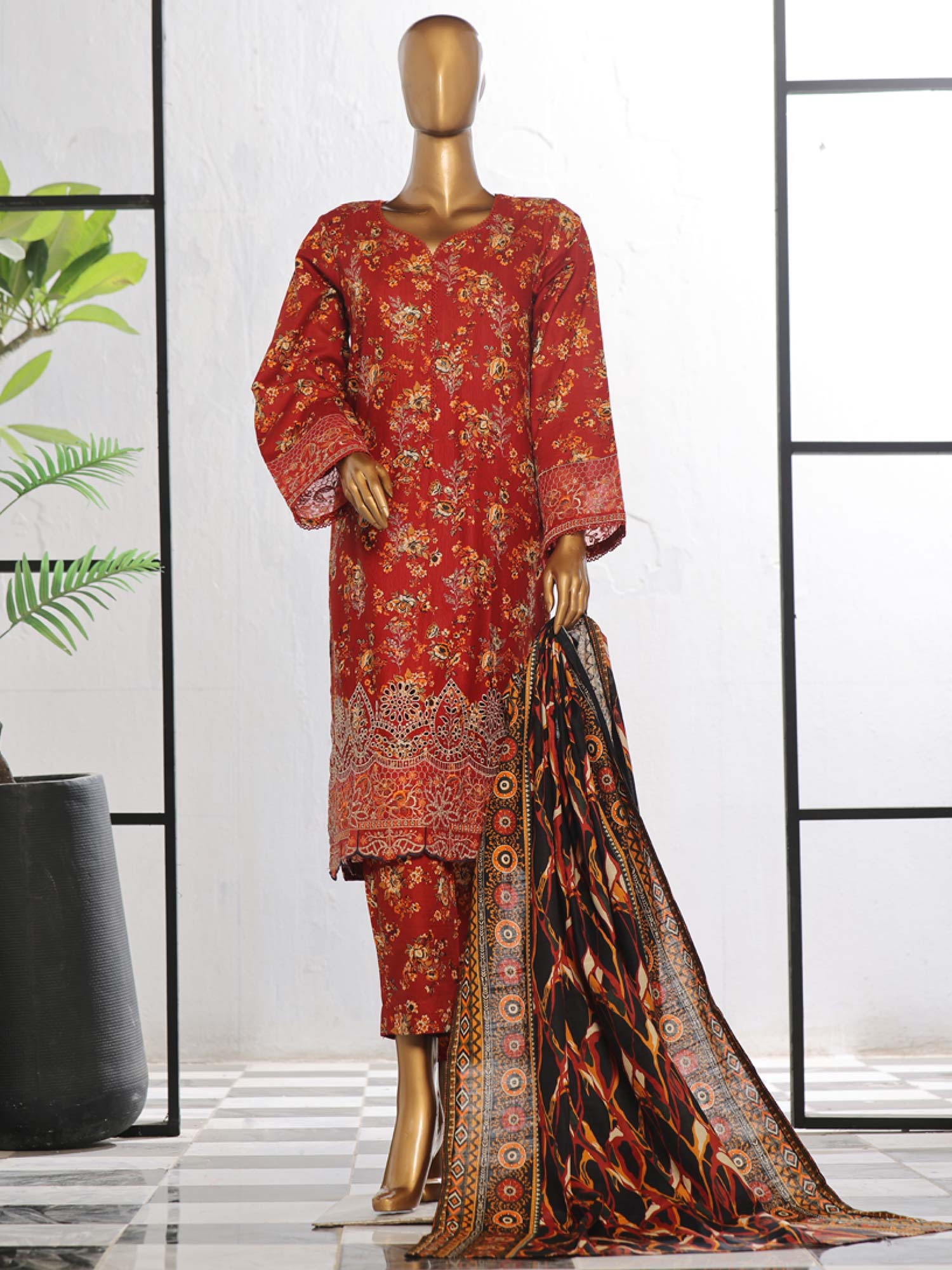 Bin Saeed Chikankari Embroidered Winter Khaddar Suit - Rust Red