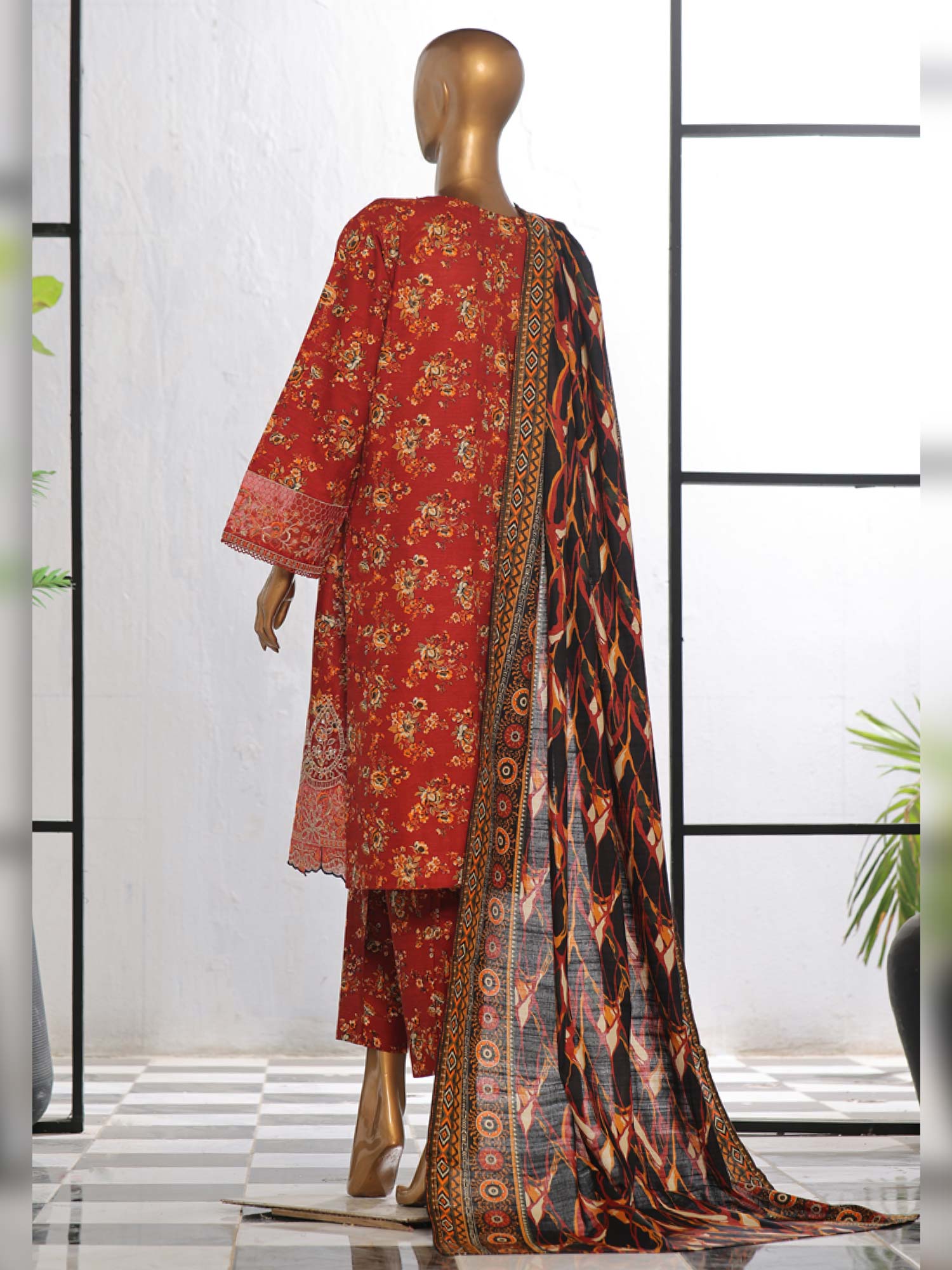 Bin Saeed Chikankari Embroidered Winter Khaddar Suit - Rust Red