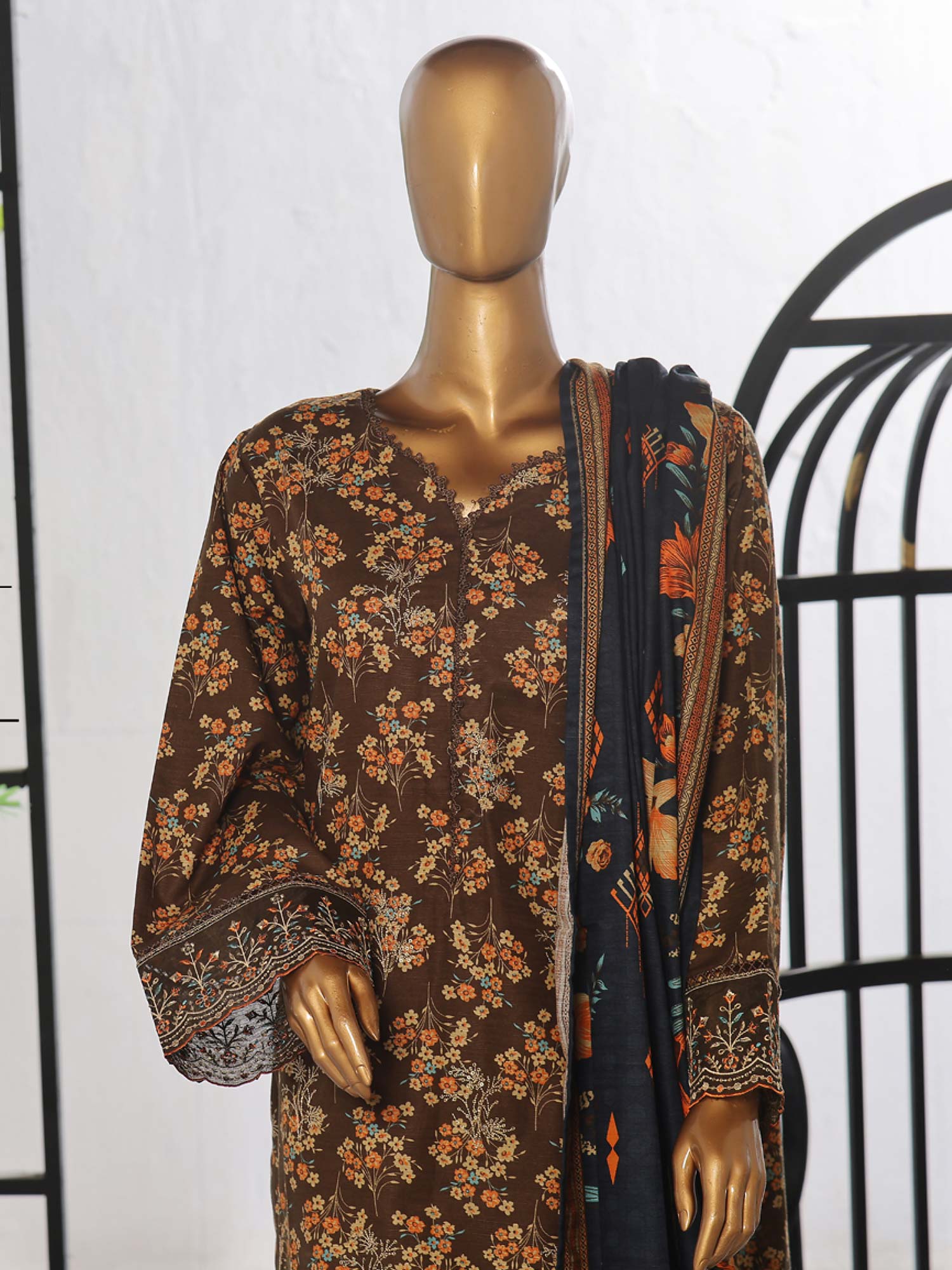 Bin Saeed Chikankari Embroidered Winter Khaddar Suit - Brown