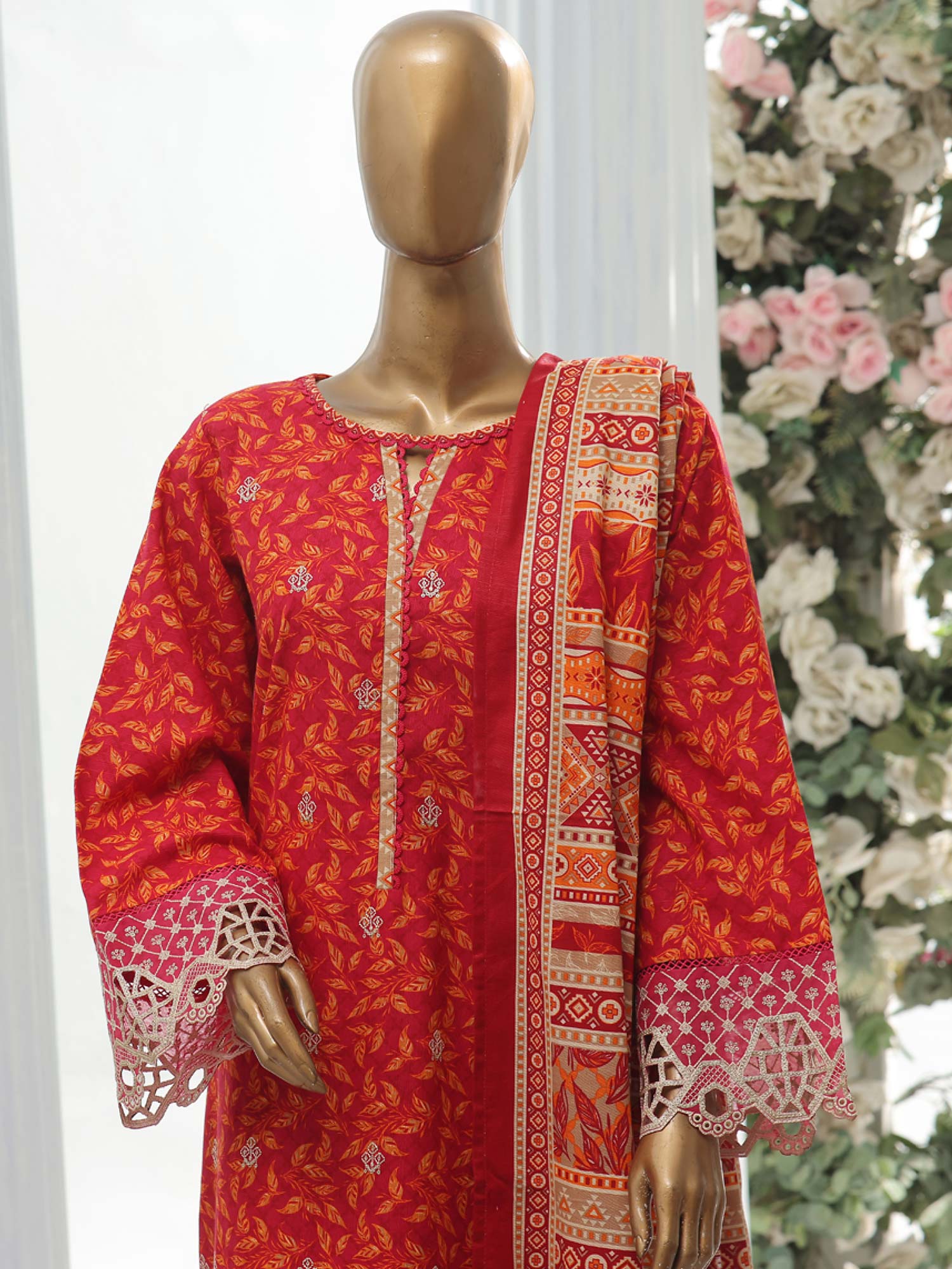 Bin Saeed Chikankari Embroidered Winter Khaddar Suit - Red