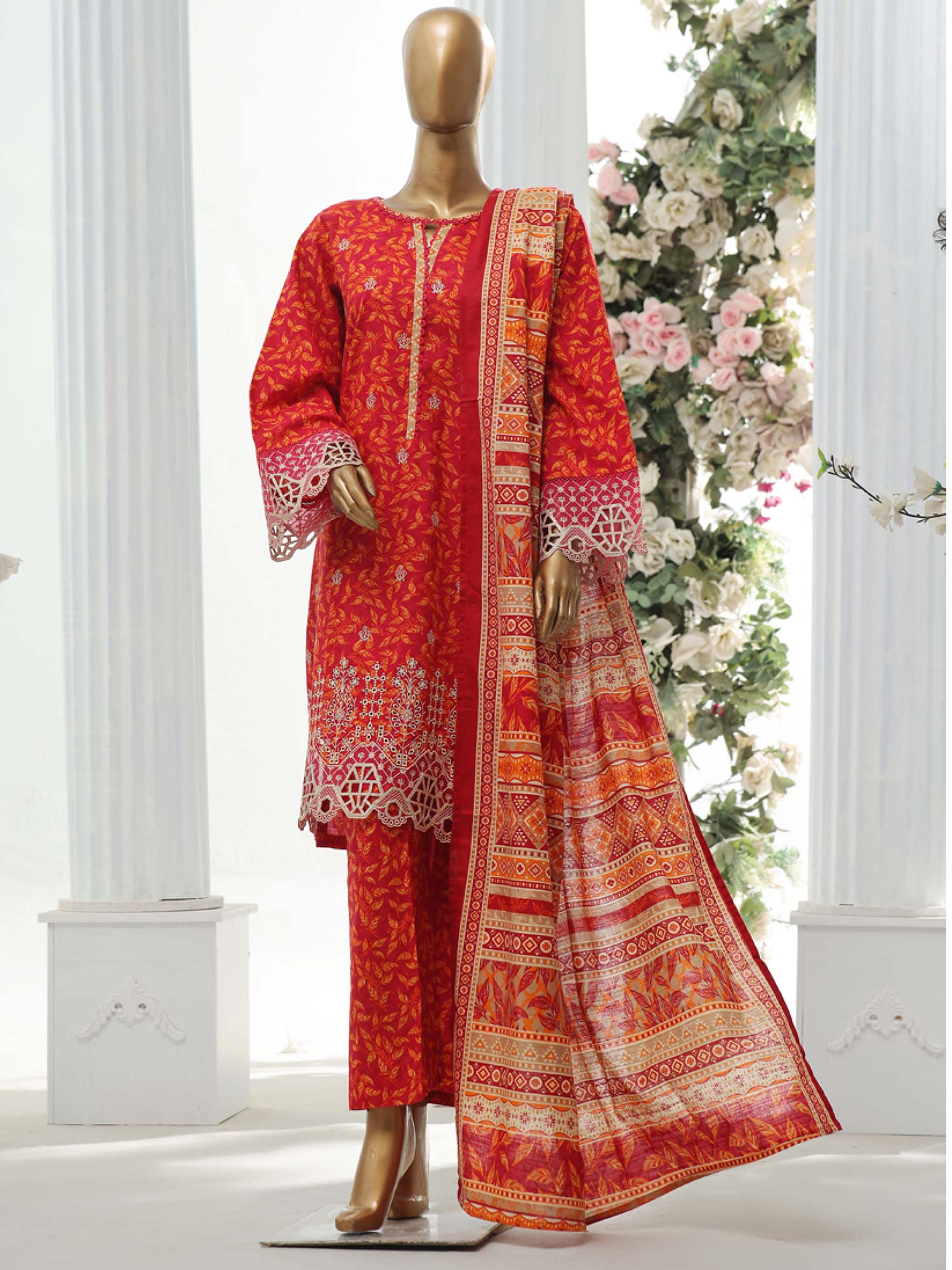 Bin Saeed Chikankari Embroidered Winter Khaddar Suit - Red