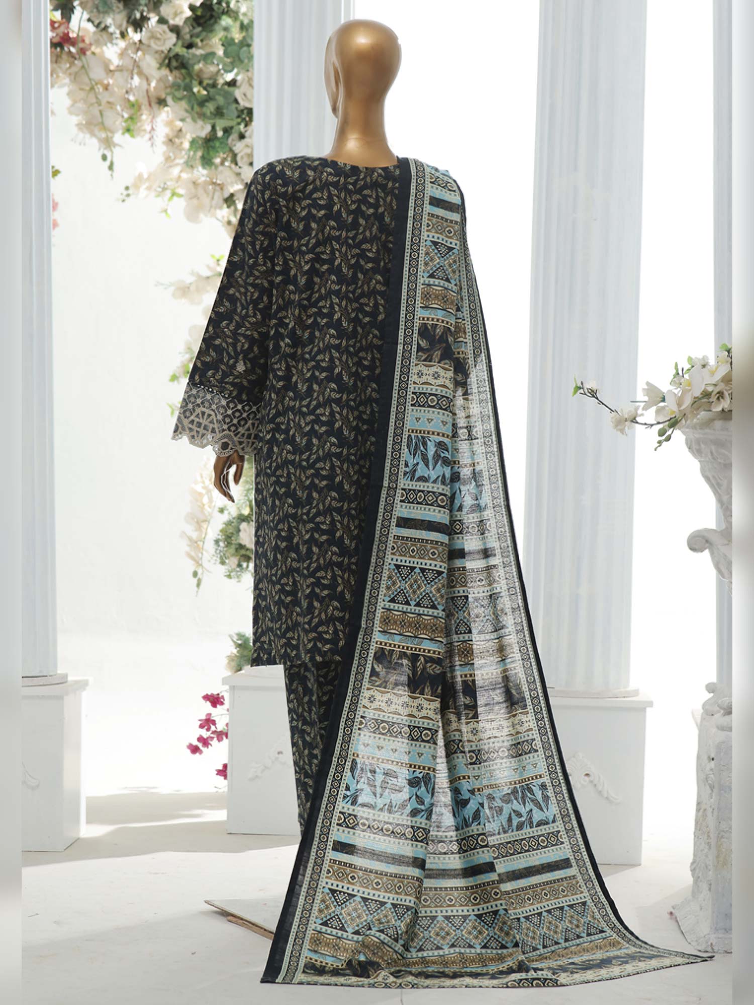 Bin Saeed Chikankari Embroidered Winter Khaddar Suit - Dark Zinc