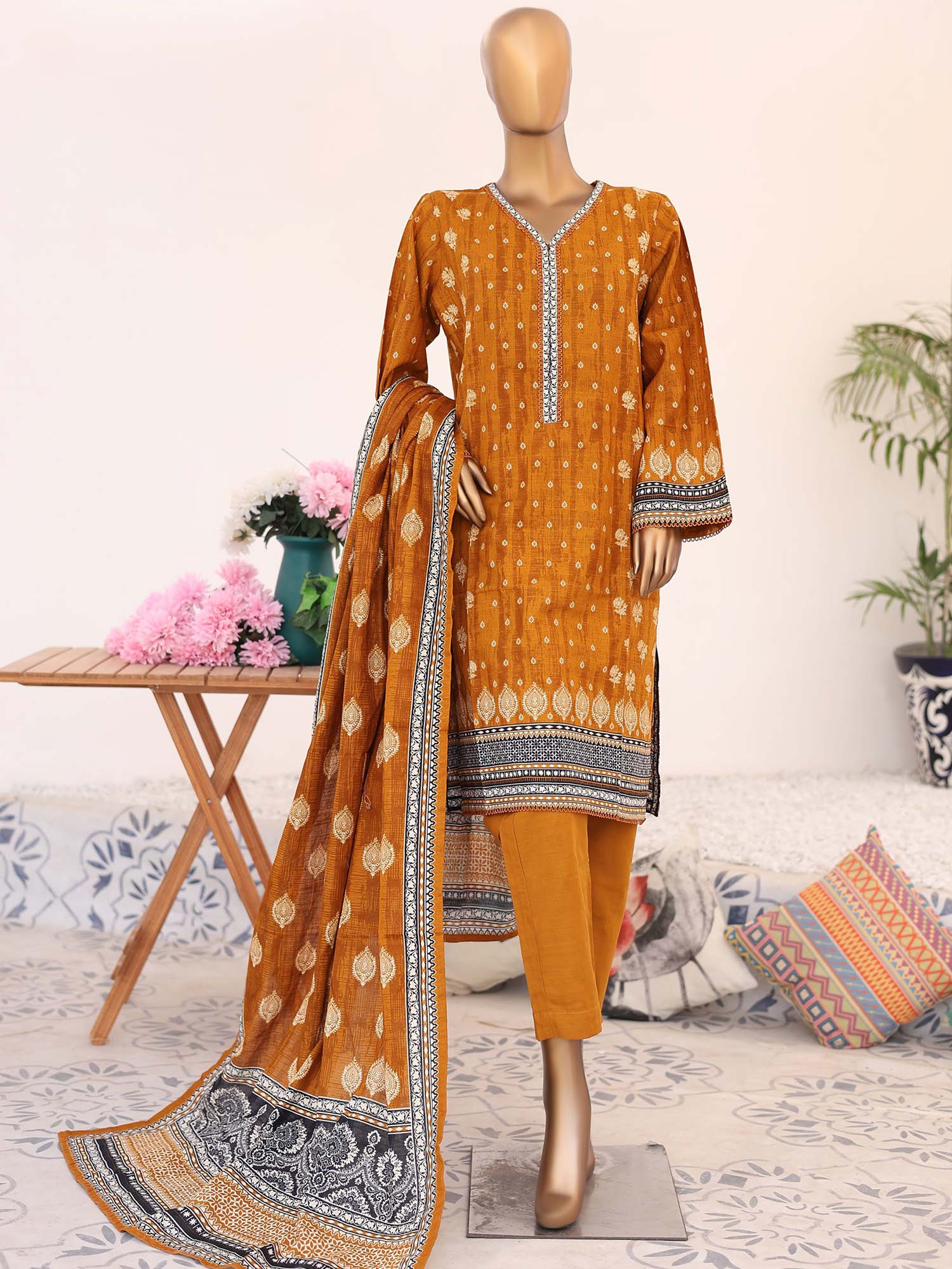 Bin Saeed Winter Khaddar Mustard 3-Piece Suit