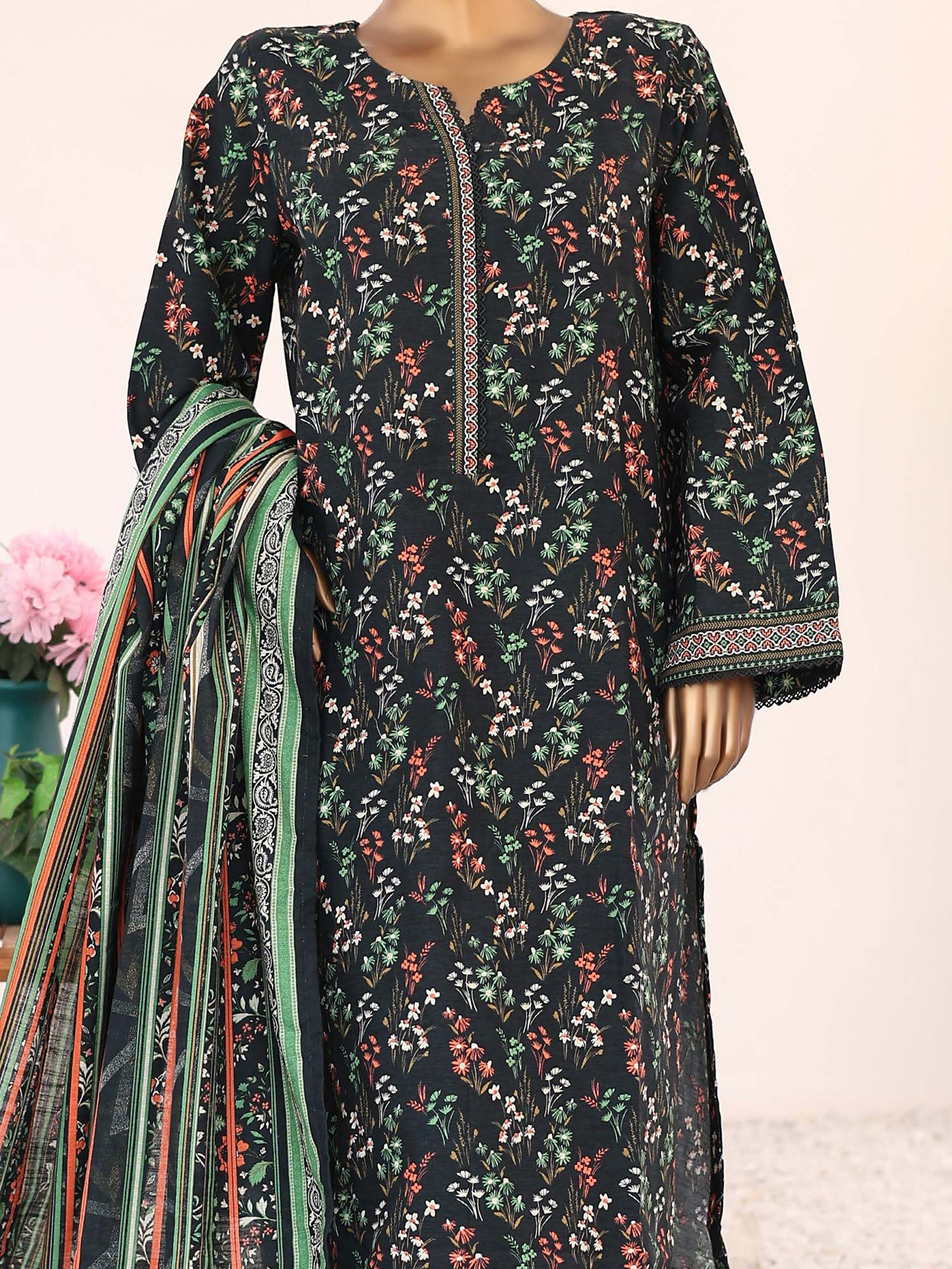 Bin Saeed Winter Khaddar Black & Green 3-Piece Suit