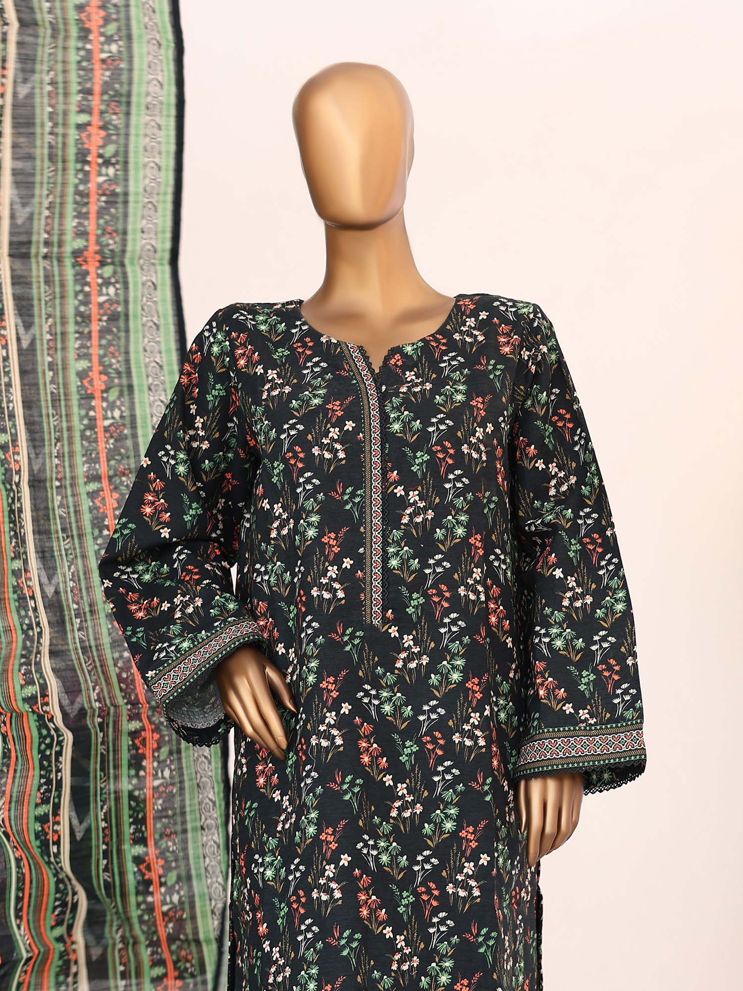 Bin Saeed Winter Khaddar Black & Green 3-Piece Suit