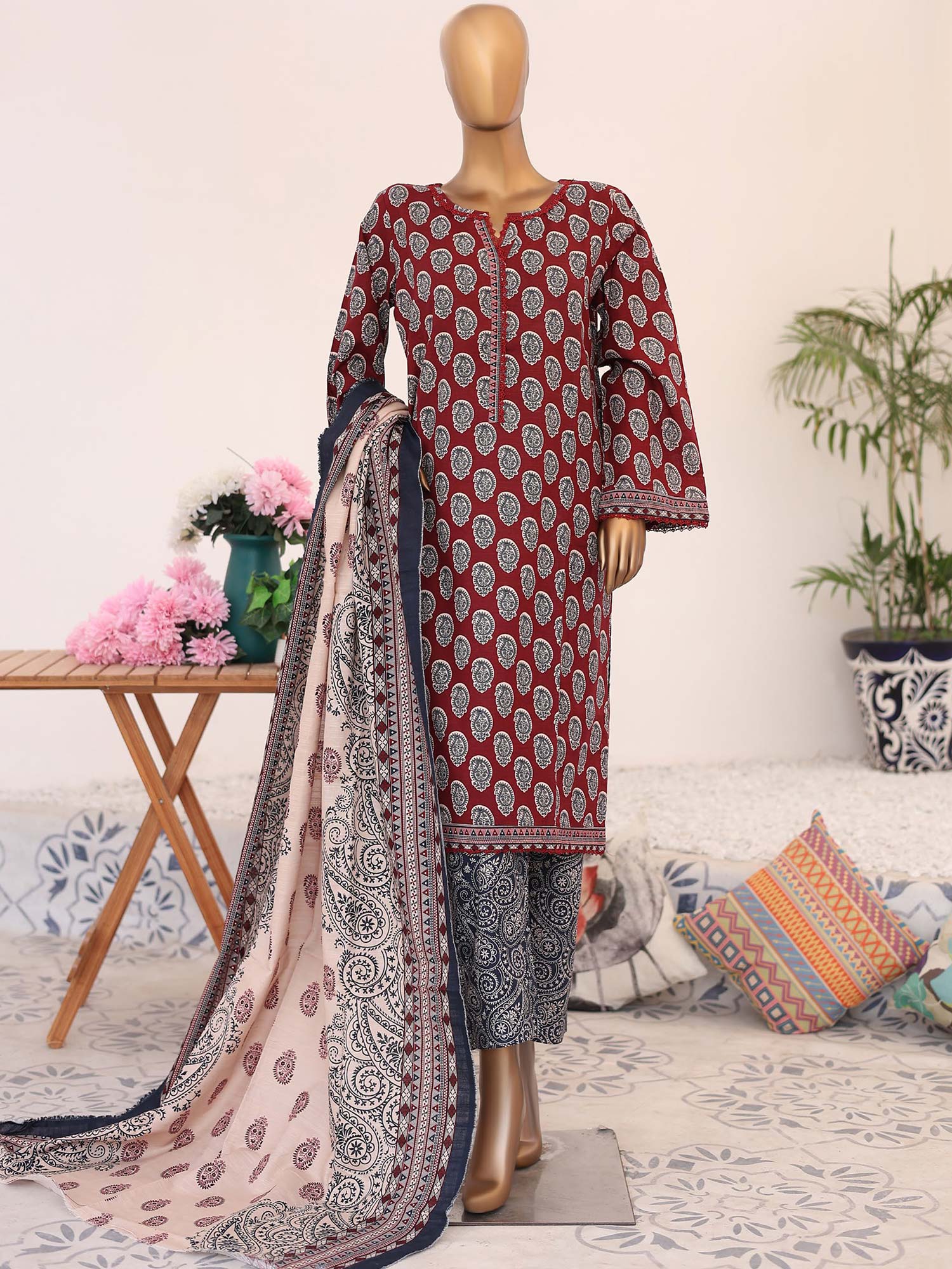 Bin Saeed Winter Khaddar Maroon 3-Piece Suit