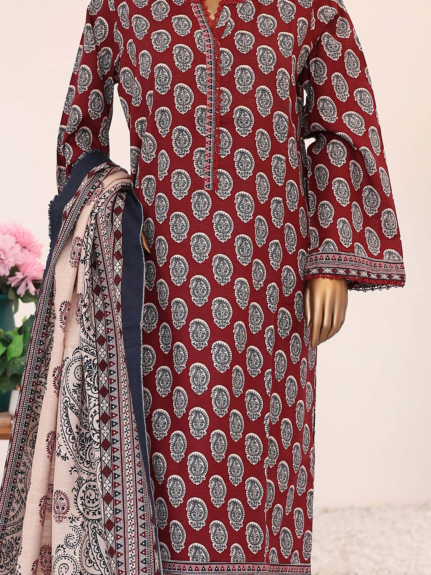 Bin Saeed Winter Khaddar Maroon 3-Piece Suit