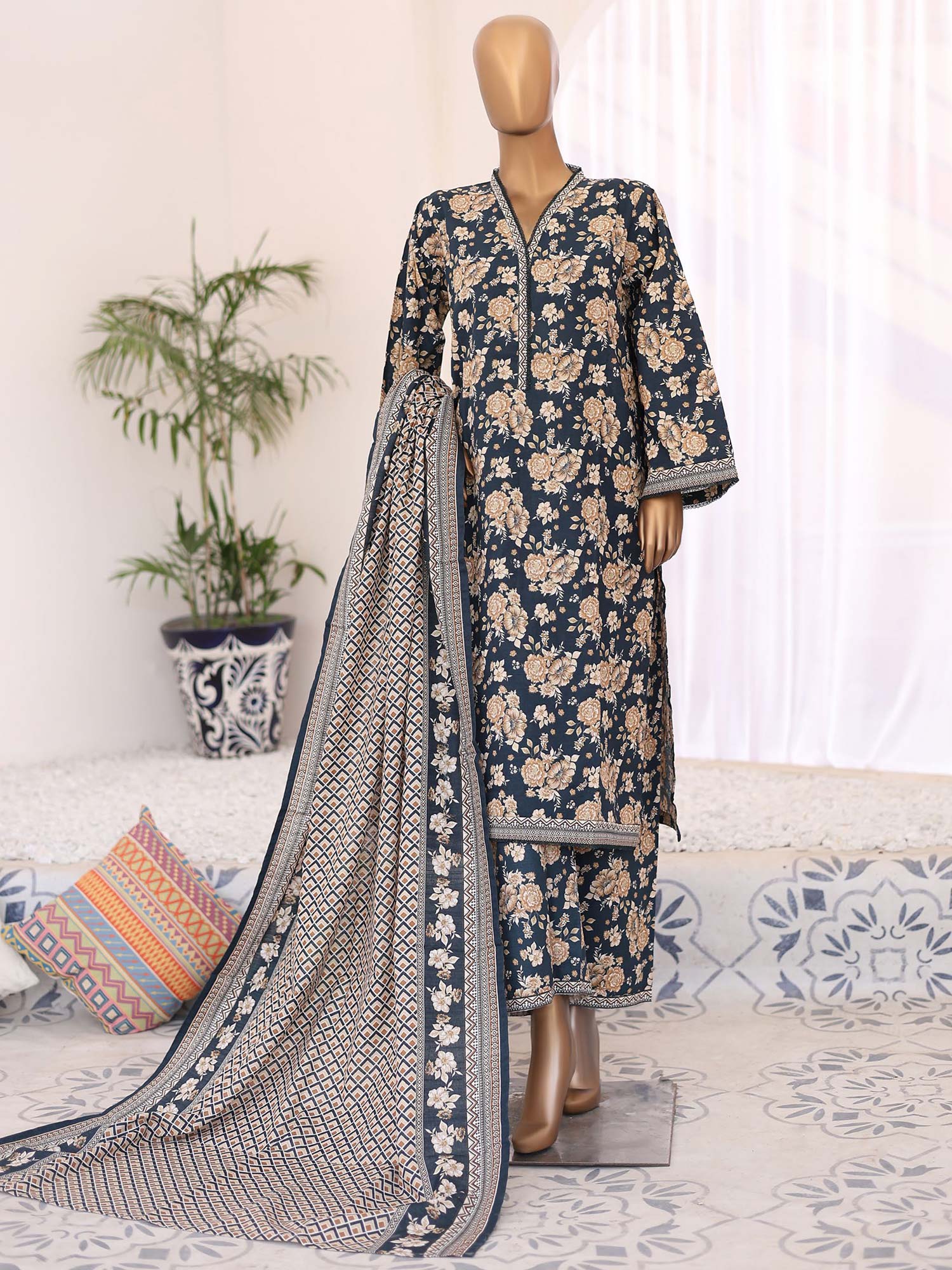 Bin Saeed Winter Khaddar Dark Zinc Floral 3-Piece Suit